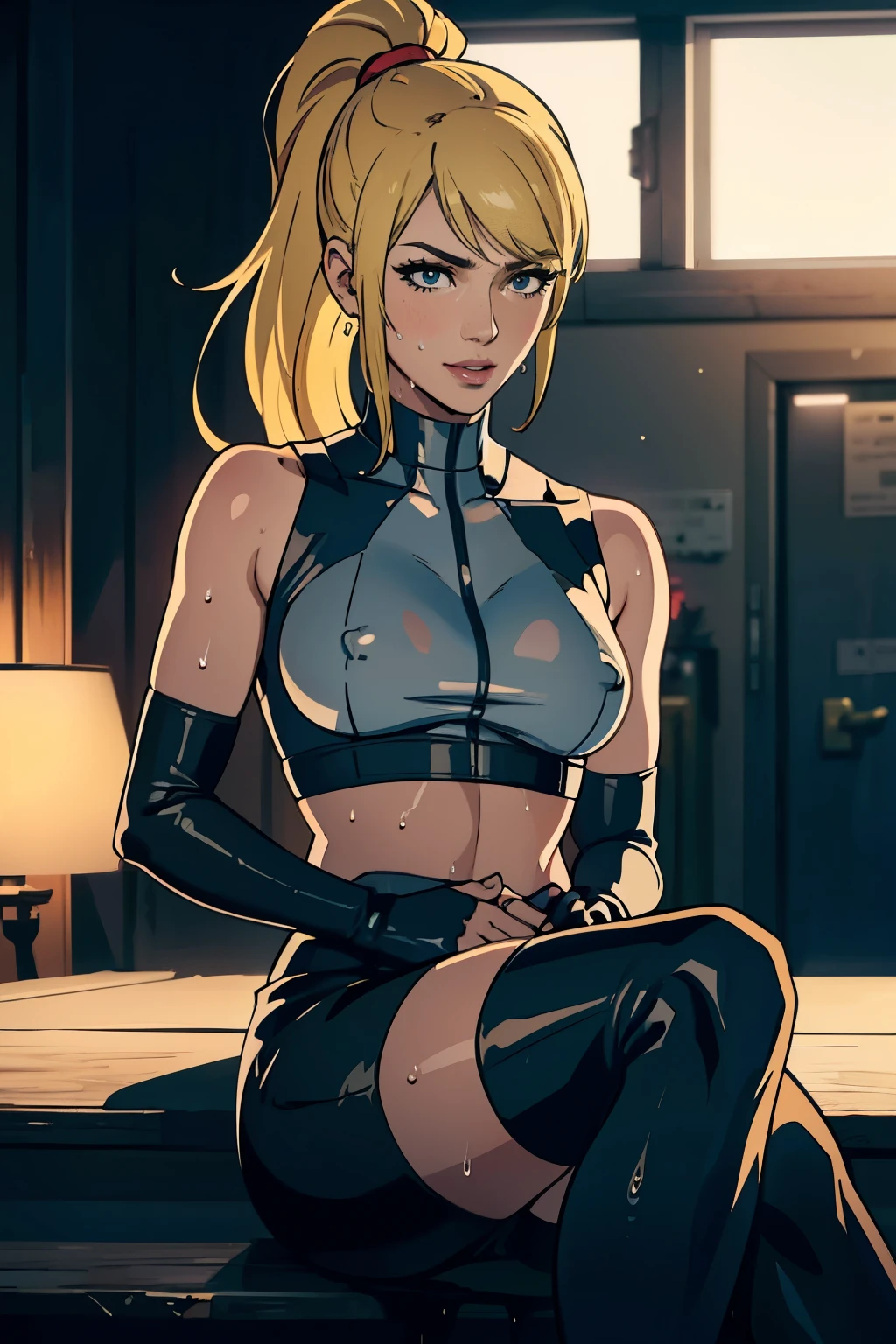 samus aran, ponytail, hair tie, white short pencil skirt, white crop top, tiny waist, skinny, slim, knees, black thigh-highs, black elbow gloves, smile, blonde hair, wet, see-through skirt, see-through shirt, wet clothes, wet shirt, nipples
(best quality,4k,8k,highres,masterpiece:1.2),ultra-detailed,(realistic,photorealistic,photo-realistic:1.37),HDR,UHD,studio lighting,ultra-fine painting,sharp focus,physically-based rendering,extreme detail description,professional,vivid colors,bokeh,portraits,landscape,horror,anime,sci-fi,photography,concept artists, vibrant colors,contrast lighting