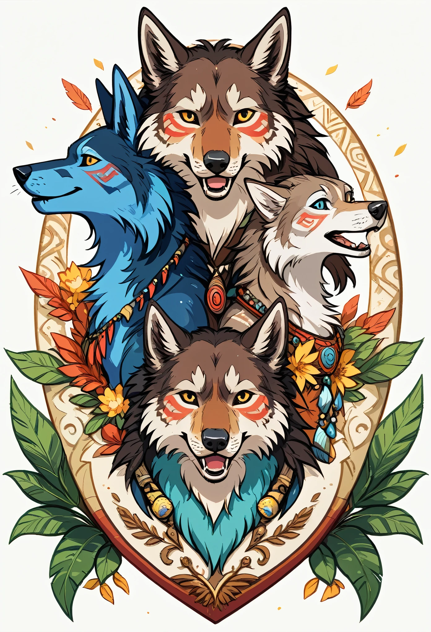 8K, Animais do espírito tribal, Um design de camiseta inspirado na arte tribal e no folclore, apresentando animais espirituais intrincadamente detalhados, como lobos, O design incorpora padrões geométricos e linhas ousadas para criar uma composição marcante e poderosa, fundo branco,