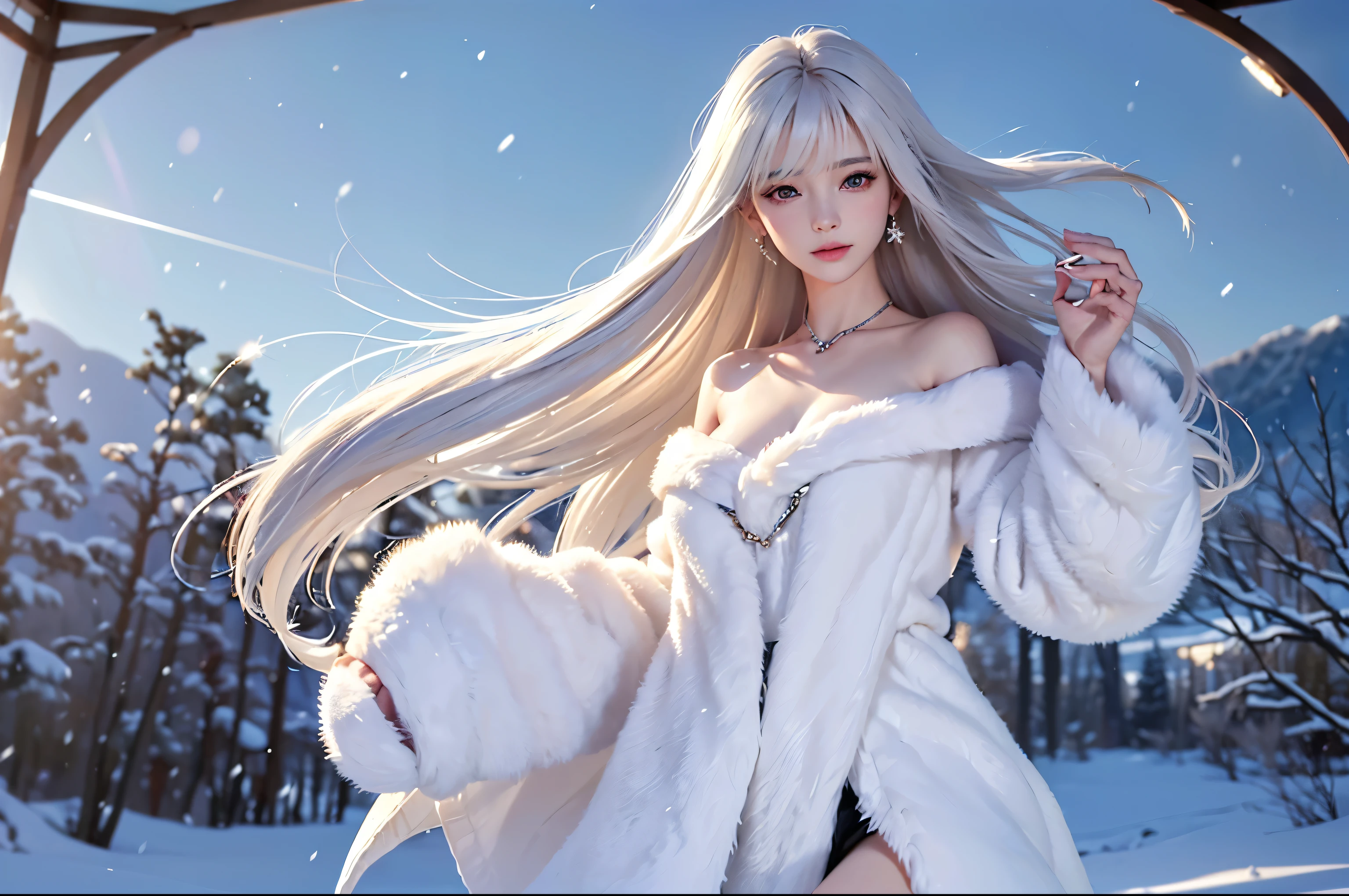 ((masterpiece:1.5、8k、Tabletop、Photorealistic and very detailed CG、Very detailed、Particle Effects、Dynamic Effects、Written boundary depth、Cinematic Light、Lens flare、Ray Tracing、Tabletop、Realistic:1.4、超A high resolution:1.2、Realistic、Realistic))((alone、,Woman wearing a fur coat over an off-the-shoulder sweater:1.4、Elegant woman posing:、Detailed face、brightexpression、young, bright, Whiter skin、medium beutiful breasts,Beautiful cleavage、Best Looks、Ultimate beauty、White hair with shiny highlights、Bright and shiny hair,、Super long, Silky straight hair、Hair dancing in the wind))(morning、The setting is outdoors in the snow、Crystal of snow)
