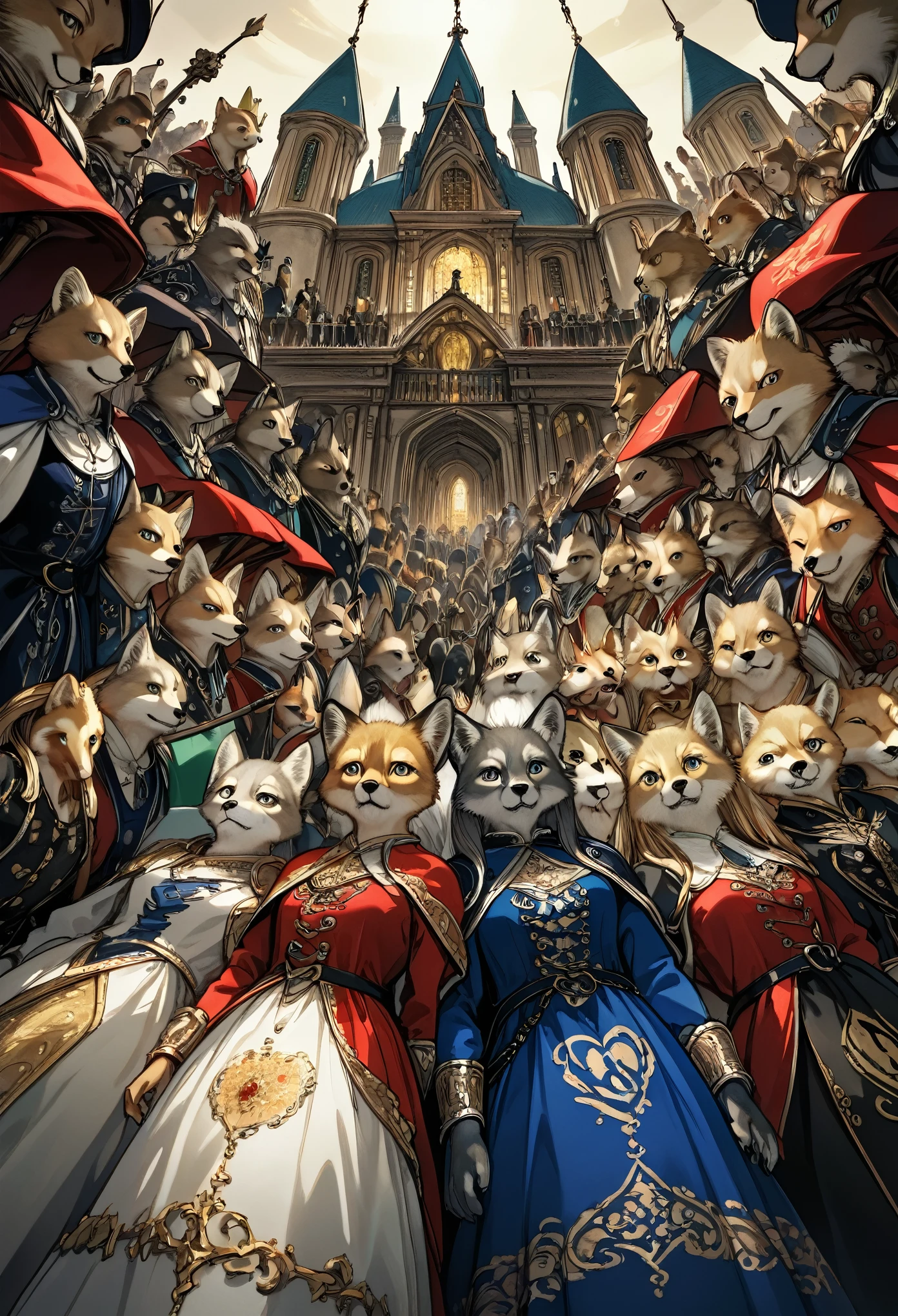 dynamic angle, top quality, best quality, High-quality illustrations, masterpiece, super high resolution, detailed background, detailed background, alchemist, medieval Europe, chandelle, group shot:0.1, 6+boys, 6+girls, absurdres(highly detailed beautiful face and eyes)perfect anatomy, expression, good lighting, cinematic shadow(kemono, furry anthro),