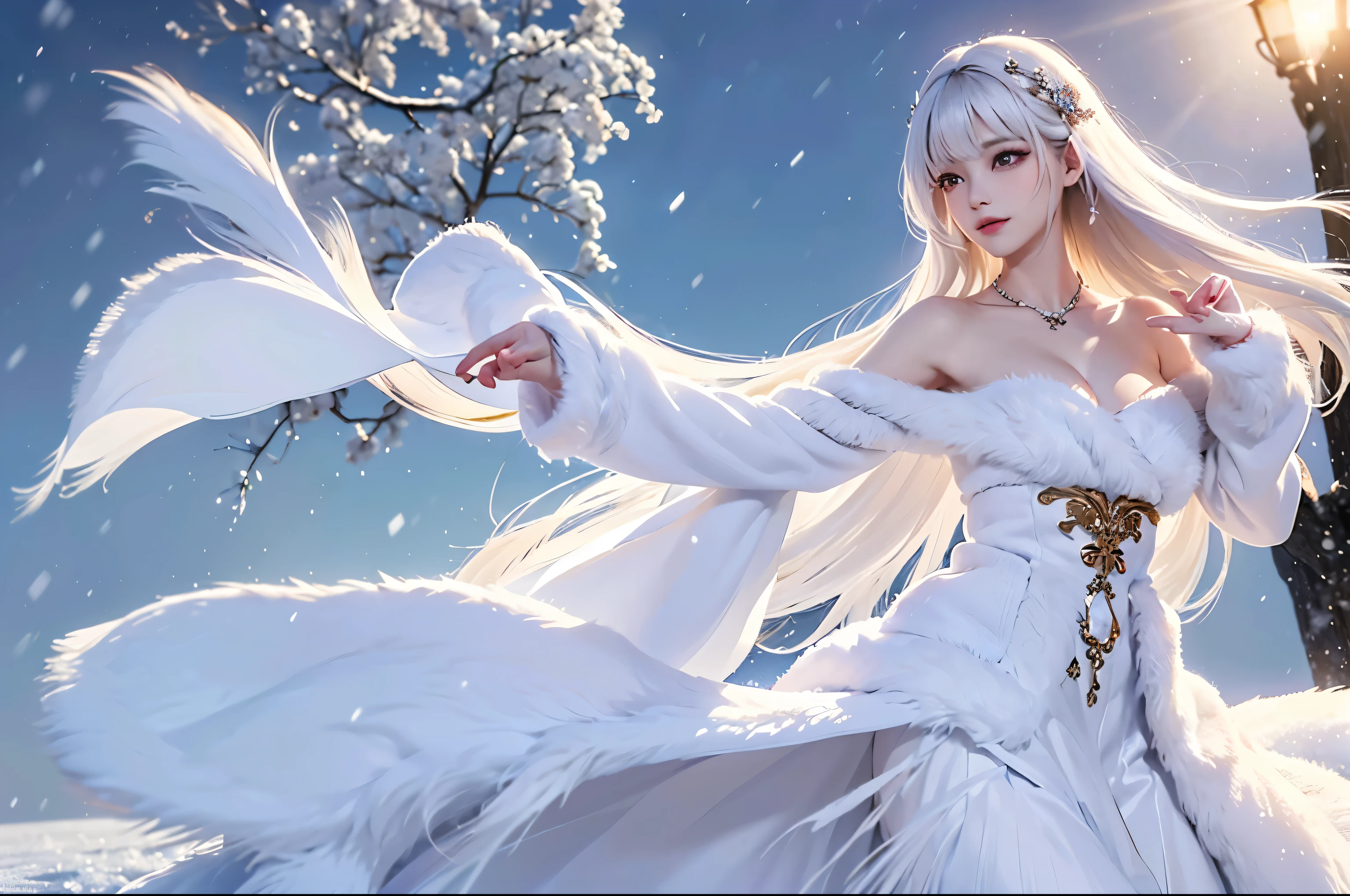 ((masterpiece:1.5、8k、Tabletop、Photorealistic and very detailed CG、Very detailed、Particle Effects、Dynamic Effects、Written boundary depth、Cinematic Light、Lens flare、Ray Tracing、Tabletop、Realistic:1.4、超A high resolution:1.2、Realistic、Realistic))((alone、,Woman wearing a white fur coat over an off-the-shoulder sweater:1.4、Elegant woman posing:、Detailed face、brightexpression、young, bright, Whiter skin、Ample breasts、Best Looks、Ultimate beauty、White hair with shiny highlights、Bright and shiny hair,、Super long, Silky straight hair、Hair dancing in the wind))(morning、The setting is outdoors in the snow、Crystal of snow)
