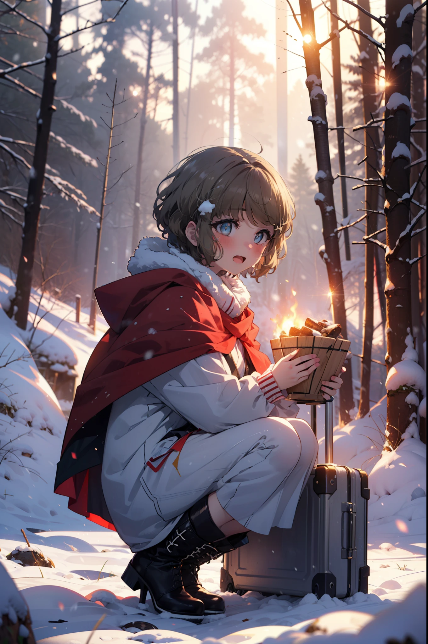 tomoekoga, Chie Koga, short hair, Brown Hair, blue eyes, hair band,smile,blush,White Breath,Mid-chest,
Open your mouth,snow,Ground bonfire, Outdoor, boots, snowing, From the side, wood, suitcase, Cape, Blurred, having meal, forest, White handbag, nature,  Squat, Mouth closed, Cape, winter, Written boundary depth, Black shoes, red Cape break looking at viewer, Upper Body, whole body, break Outdoor, forest, nature, break (masterpiece:1.2), highest quality, High resolution, unity 8k wallpaper, (shape:0.8), (Beautiful and beautiful eyes:1.6), Highly detailed face, Perfect lighting, Extremely detailed CG, (Perfect hands, Perfect Anatomy),