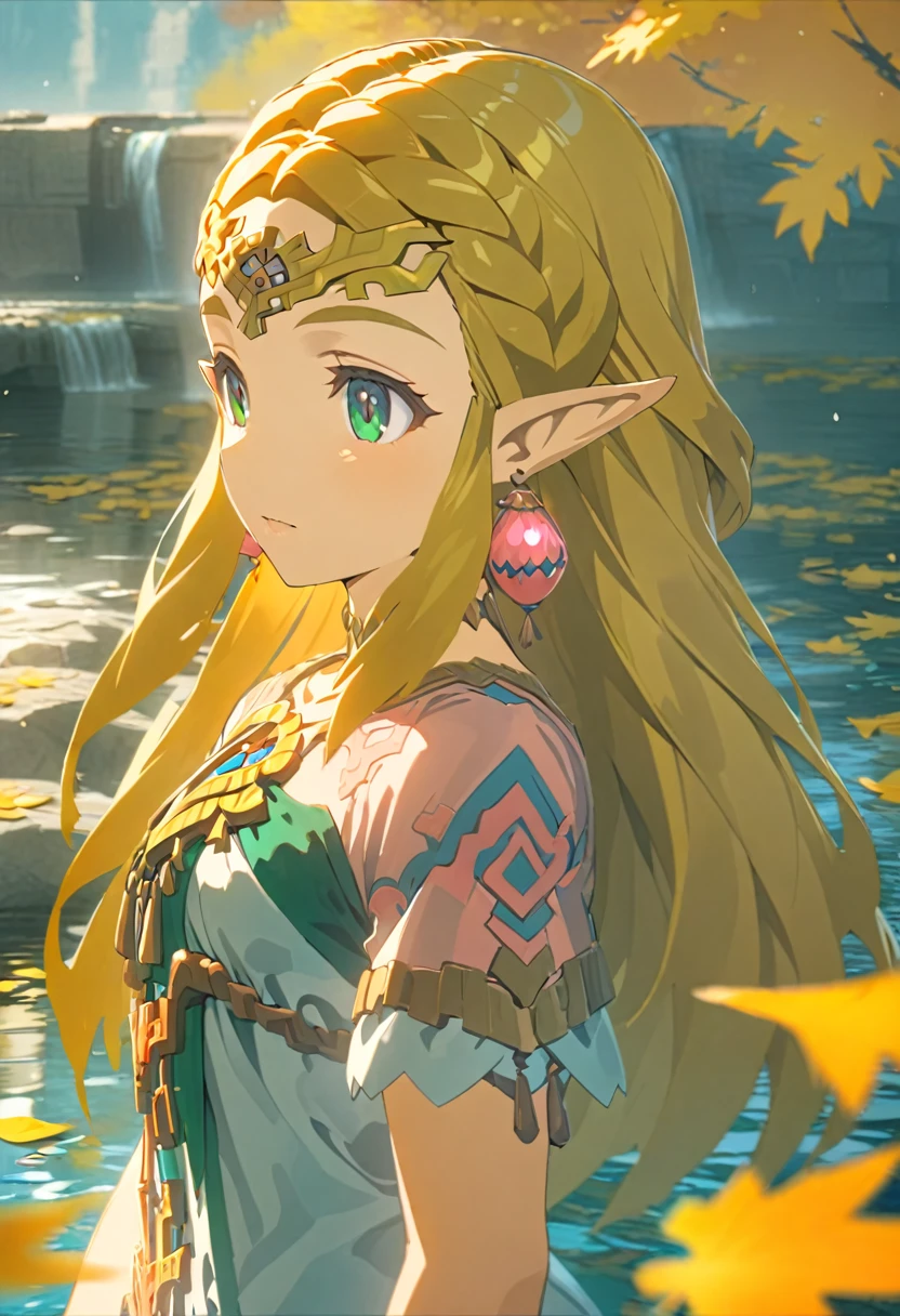 Ultra detailed, highres, absurdres, HDR, Princess Zelda, blond long hair, expressive green eyes, The Legend Of Zelda, water, autumn, petals, orange and yellow leaves, woman, solo, extremely beautiful, very detailed face and eyes, white long dress with pink patterns, pointy ears,