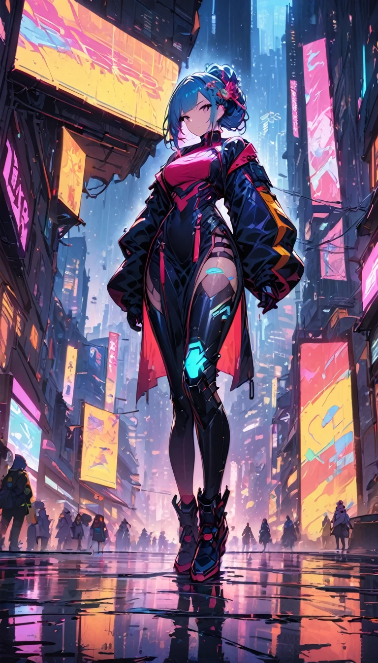 (Meilleure qualité), (Ultra-fin), (chef-d&#39;œuvre), illustration, Costume chinois de fille cyberpunk, （cyberpunk，vêtements chinois，Implants cybernétiques），regarder la caméra,accessoires pour cheveux, couleurs vives，Éclairage dynamique，néons，horizon de la ville éclatant，Projection holographique，vêtements de mode du futur，Une combinaison d&#39;éléments traditionnels et modernes，Avant-garde makeup，Coiffure exquise，confiance et détermination，environnement urbain，averse，Réflexions sur les routes glissantes sentiment métallique，armure mécanique, accessoires magnifiques，Produits de haute technologie，Des améliorations cybernétiques impressionnantes，concentration claire，Détails noueux, Rendu overclocké, lumière de bord cinématographique, Belle lumière, chef-d&#39;œuvre, super détails, travail épique, ultra haute définition, Haute qualité, 32k Il y a un chat à proximité