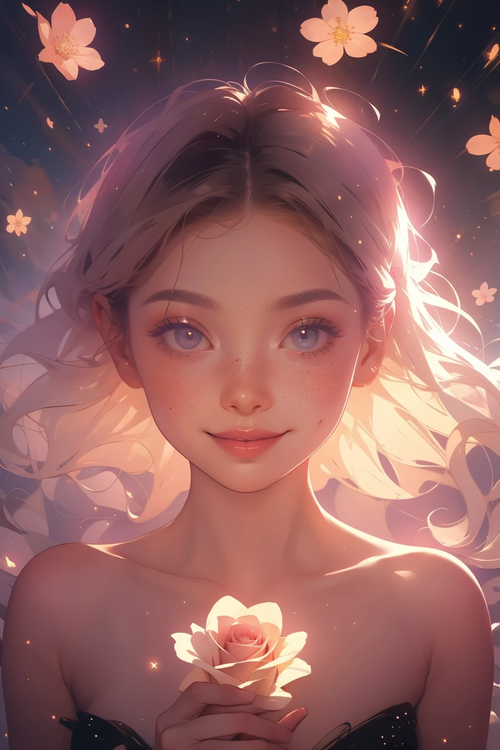 (This is a beautiful, intricate, (romatic) fantasy image that emphasizes beauty and grace.) Generate a blind curvy woman with soft natural freckles. Her face is important and should be (perfectly formed) with (beautiful puffy lips) and (perfect features). There is a cute freckle birthmark on her lip. The image exudes ethereal beauty and soft fantasy, with shimmering shades of pink throughout. Surround her with eternal roses in shimmering shades. Ensure perfection in her face, hair, and eyes. Include sweet and detailed birds and soft, luminous flowers and detailed roses. Utilize dynamic composition and dramatic lighting and cinematic lighting to create an interesting fantasy image. The background of the image is interesting and ultra-detailed, with soft fantasy lighting and gradients. Include fantasy details, cute aura, colorful, colourful, and interesting magical background. The image's background is decorated in shades of pink, shimmer, glitter, and fantasy details like colored bubbles and cosmos. Include subtle freckles, natural freckles and a diffused realistic skin tone. Incorporate elements of high fantasy, whimsy, and detailed elegance. English rose, princess, courtesan, noblewoman, sweet, lovely, calm, lovely, shimmering, glimmering, glittering, astrological fantasy, (((masterpiece))), (highest quality), magic rose, fantasy garden, beautiful face, perfect face, puffy lips, interesting, shy smile, fantasy elements, magic rose, beautiful eyes, perfect puffy lips, jewel tones, luminosity. Taken with a canon camera.