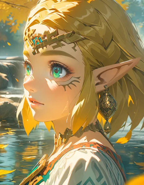 Ultra detailed, highres, absurdres, HDR, Princess Zelda, blond short hair, expressive green eyes, The Legend Of Zelda, water, au...