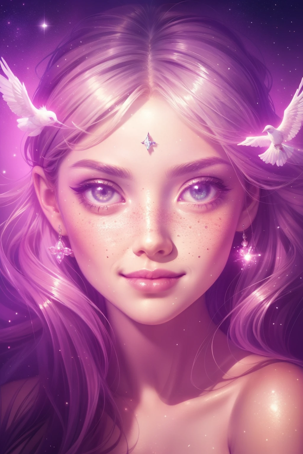 (This is a beautiful, intricate, (romatic) fantasy image that emphasizes beauty and grace.) Generate a blind curvy woman with soft natural freckles. Her face is important and should be (perfectly formed) with (beautiful puffy lips) and (perfect features). There is a cute freckle birthmark on her lip. The image exudes ethereal beauty and soft fantasy, with shimmering shades of pink throughout. Surround her with eternal roses in shimmering shades. Ensure perfection in her face, hair, and eyes. Include sweet and detailed birds and soft, luminous flowers and detailed roses. Utilize dynamic composition and dramatic lighting and cinematic lighting to create an interesting fantasy image. The background of the image is interesting and ultra-detailed, with soft fantasy lighting and gradients. Include fantasy details, cute aura, colorful, colourful, and interesting magical background. The image's background is decorated in shades of pink, shimmer, glitter, and fantasy details like colored bubbles and cosmos. Include subtle freckles, natural freckles and a diffused realistic skin tone. Incorporate elements of high fantasy, whimsy, and detailed elegance. English rose, princess, courtesan, noblewoman, sweet, lovely, calm, lovely, shimmering, glimmering, glittering, astrological fantasy, (((masterpiece))), (highest quality), magic rose, fantasy garden, beautiful face, perfect face, puffy lips, interesting, shy smile, fantasy elements, magic rose, beautiful eyes, perfect puffy lips, jewel tones, luminosity. Taken with a canon camera.