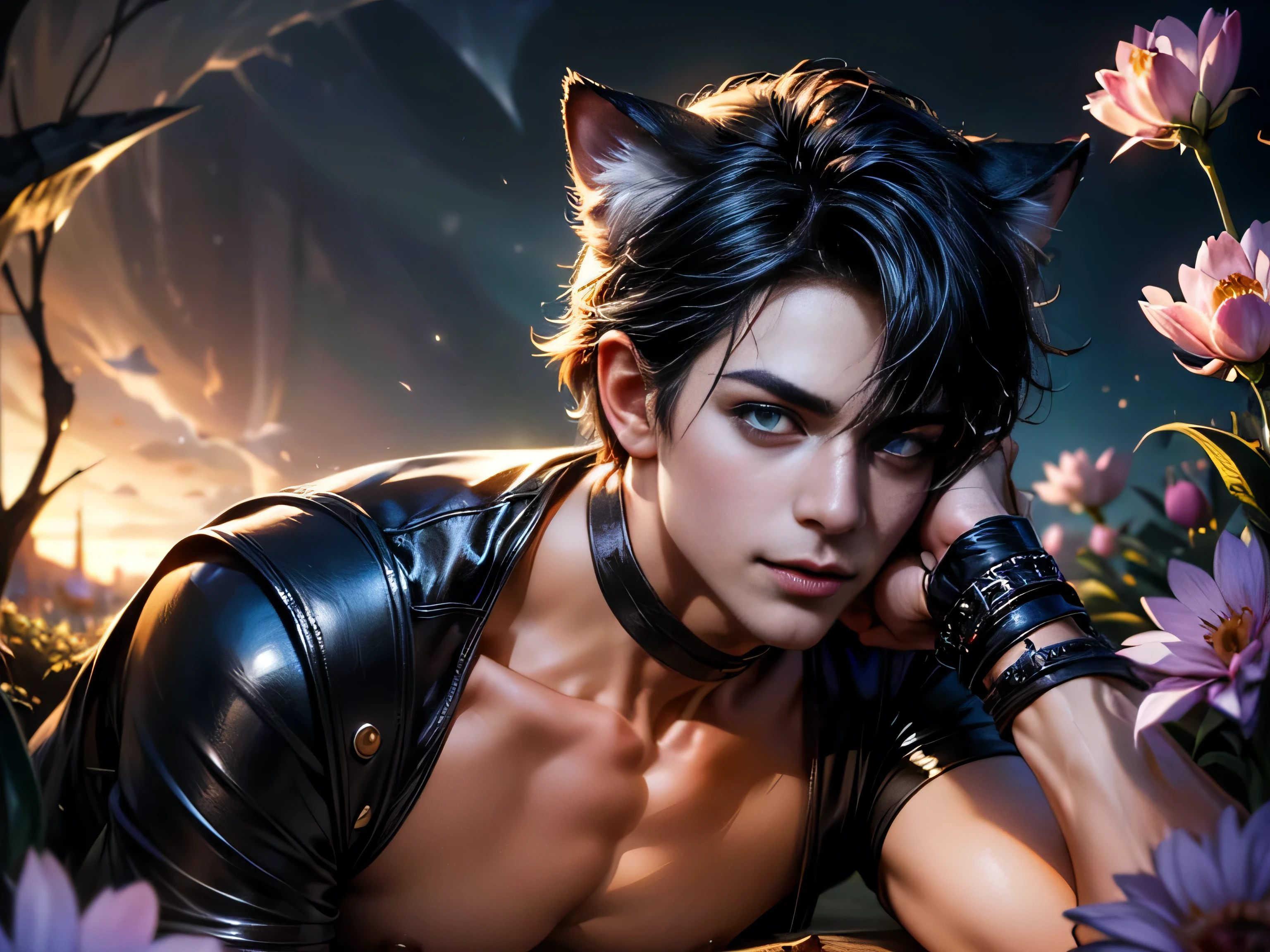 (Best Quality, 8K, Masterpiece, HDR, Soft Lighting, Picture Perfect, Realistic, Vivid), There is a garden with blue and pink flowers, a handsome man with cat ears is lying on the grass, he has beautiful blue eyes and a kind smile, black hair, he has a naked torso with a perfect body and black leather pants with combat boots, he strokes little cute foxes lying on his chest, male, cute man, blue eyes, cat ears, neko, smile, (ultra high quality fantasy art, majestic fantasy style, masterpiece, ultra high quality male character design, 8k quality anime art, realistic anime art, highest quality wallpaper illustration, detailed ultra high quality accurate male character face, high quality design and accurate physics, male character) (ultra high quality fantasy art, dark fantasy style, masterpiece, ultra high quality character design, 8k quality anime art, realistic anime art, highest quality wallpaper illustration, detailed ultra high quality face precision, high quality design and accurate physics), color difference, depth of field, dramatic shadows, tracing rays, Best quality, Highly detailed computer graphics, 8K wallpapers, [Carefully rendered hair [More about beautiful and shiny hair]] ,(Perfect hand detail [Beautiful fingers without breakage [Beautiful nails]],(Perfect anatomy (Perfect proportions)) [ [Resembles the whole body]],[Perfect color combination (Accurate simulation of the interaction of light and material)], [Visual art that conveys the meaning of the story]