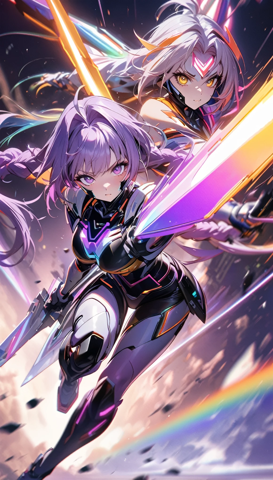 best quality, super fine, 16k, incredibly absurdres, extremely detailed, delicate and dynamic, (two beautiful female cyber warriors:1.7), (cute cyber warrior with purple eyes and braided low twin tails with gradient from white to purple at the ends), and (cool beauty cyber warrior with gold eyes and rainbow-colored ponytail with braided sides), background black and purple swirling black hole, galaxy, motion blur, action blur, various image effects