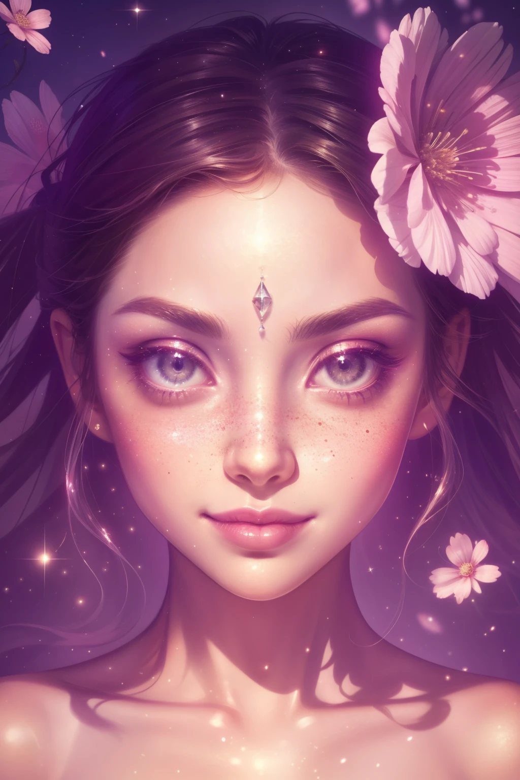 (This is a beautiful, intricate, (romatic) fantasy image that emphasizes beauty and grace.) Generate a blind curvy woman with soft natural freckles. Her face is important and should be (perfectly formed) with (beautiful puffy lips) and (perfect features). There is a cute freckle birthmark on her lip. The image exudes ethereal beauty and soft fantasy, with shimmering shades of pink throughout. Surround her with eternal roses in shimmering shades. Ensure perfection in her face, hair, and eyes. Include sweet and detailed birds and soft, luminous flowers and detailed roses. Utilize dynamic composition and dramatic lighting and cinematic lighting to create an interesting fantasy image. The background of the image is interesting and ultra-detailed, with soft fantasy lighting and gradients. Include fantasy details, cute aura, colorful, colourful, and interesting magical background. The image's background is decorated in shades of pink, shimmer, glitter, and fantasy details like colored bubbles and cosmos. Include subtle freckles, natural freckles and a diffused realistic skin tone. Incorporate elements of high fantasy, whimsy, and detailed elegance. English rose, princess, courtesan, noblewoman, sweet, lovely, calm, lovely, shimmering, glimmering, glittering, astrological fantasy, (((masterpiece))), (highest quality), magic rose, fantasy garden, beautiful face, perfect face, puffy lips, interesting, shy smile, fantasy elements, magic rose, beautiful eyes, perfect puffy lips, jewel tones, luminosity. Taken with a canon camera.