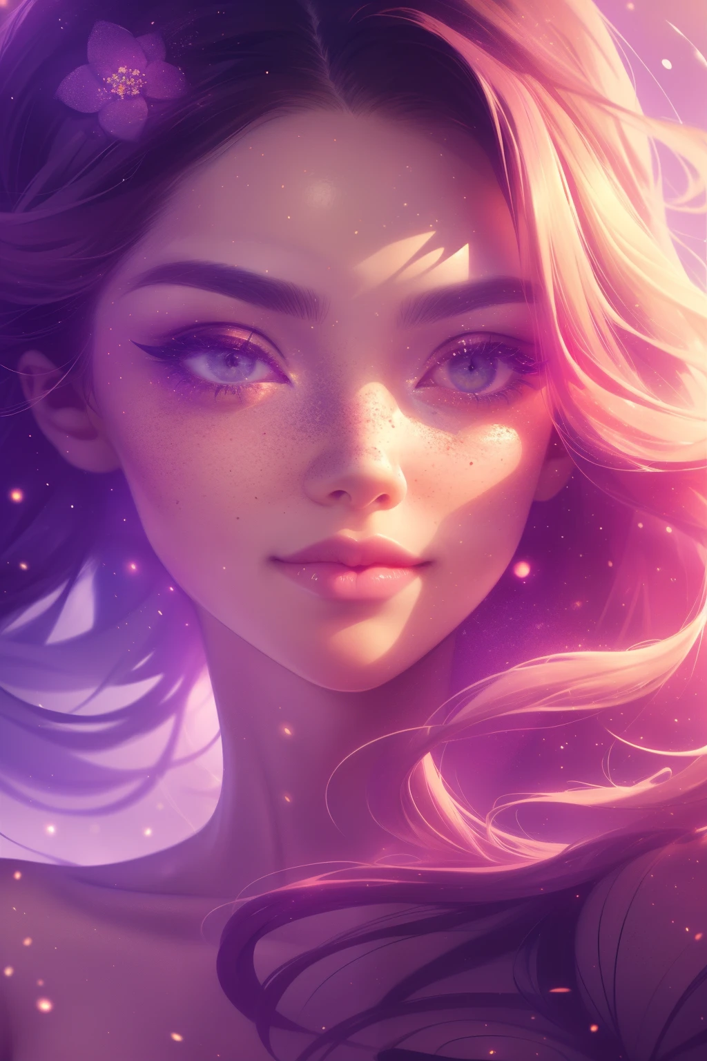 (This is a beautiful, intricate, (romatic) fantasy image that emphasizes beauty and grace.) Generate a blind curvy woman with soft natural freckles. Her face is important and should be (perfectly formed) with (beautiful puffy lips) and (perfect features). There is a cute freckle birthmark on her lip. The image exudes ethereal beauty and soft fantasy, with shimmering shades of pink throughout. Surround her with eternal roses in shimmering shades. Ensure perfection in her face, hair, and eyes. Include sweet and detailed birds and soft, luminous flowers and detailed roses. Utilize dynamic composition and dramatic lighting and cinematic lighting to create an interesting fantasy image. The background of the image is interesting and ultra-detailed, with soft fantasy lighting and gradients. Include fantasy details, cute aura, colorful, colourful, and interesting magical background. The image's background is decorated in shades of pink, shimmer, glitter, and fantasy details like colored bubbles and cosmos. Include subtle freckles, natural freckles and a diffused realistic skin tone. Incorporate elements of high fantasy, whimsy, and detailed elegance. English rose, princess, courtesan, noblewoman, sweet, lovely, calm, lovely, shimmering, glimmering, glittering, astrological fantasy, (((masterpiece))), (highest quality), magic rose, fantasy garden, beautiful face, perfect face, puffy lips, interesting, shy smile, fantasy elements, magic rose, beautiful eyes, perfect puffy lips, jewel tones, luminosity. Taken with a canon camera.