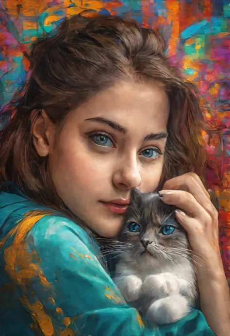 a girl holding a cat, graffiti, detailed facial features, beautiful eyes, detailed expressions, highly detailed, intricate, vibr...