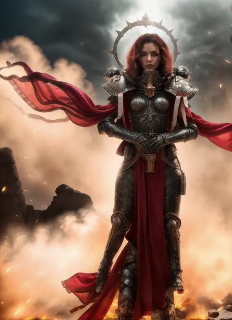 high quality photo of standing whsororitas with sword in hands whsororitas, znd long wavy hair long curly hair, flaming city rui...