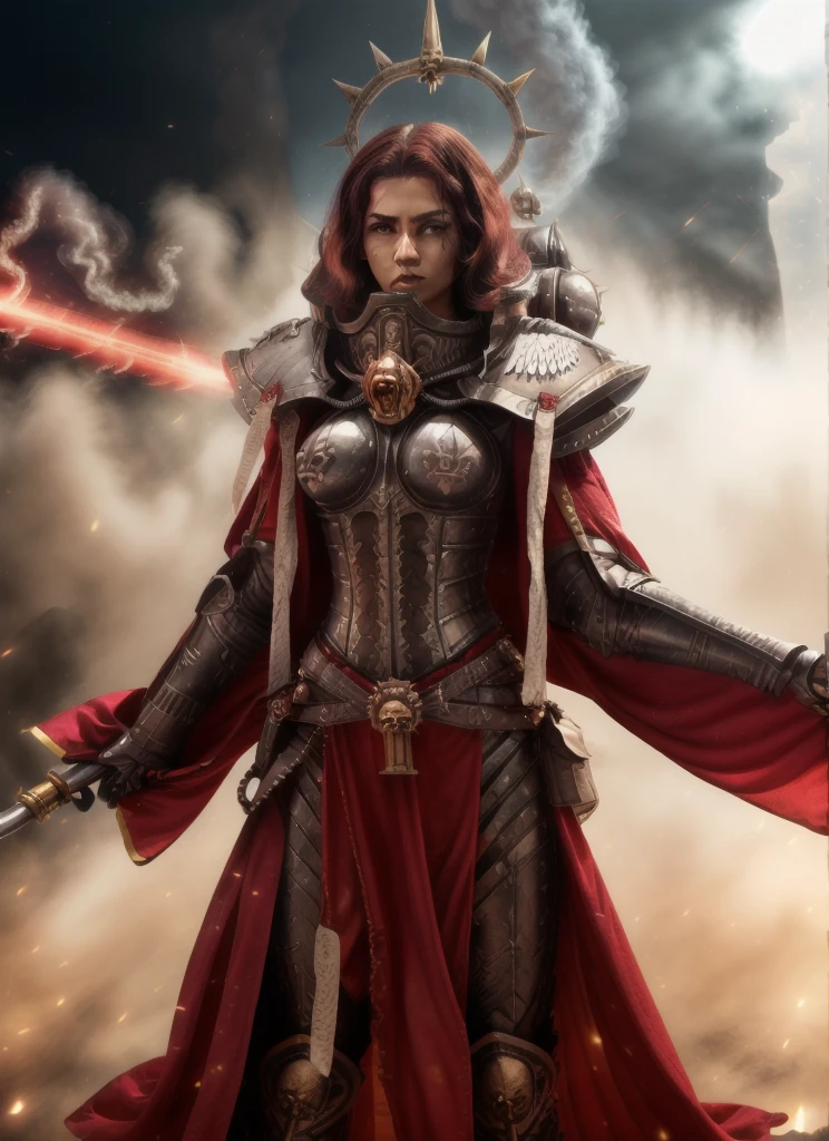 high quality photo of standing whsororitas with sword in hands whsororitas, znd long wavy hair long curly hair, flaming city ruins in background, dust and smoke, atmospheric lighting, white paper scrolls with text, red wax seals, saturated colors, Charlise Terion face, star trek cinematic,warhammer 40k, beautiful face, detailed face, whrepentia with sword
