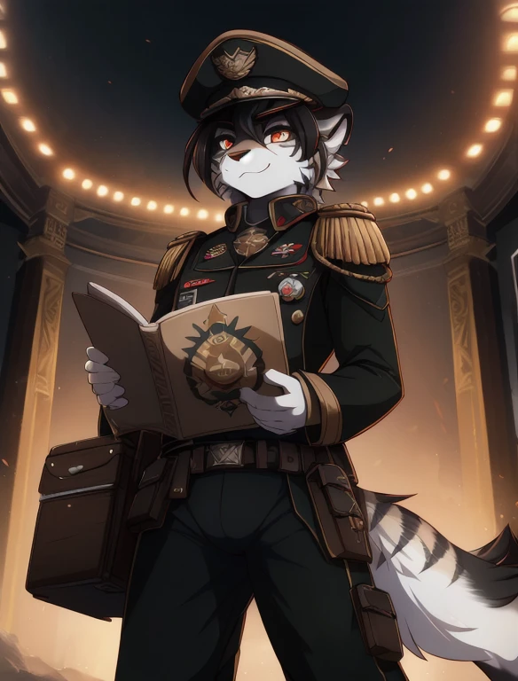 Warhammer_40 thousand_Commissar,((masterpiece)), (Best quality), (detailed), Black uniform, mascara, Eyeliner, eyeshadow, Upper body, pomade, женщина anthro furry tiger, Propaganda poster, wicked, bristle,
 (8k contract, masterpiece, Best quality, High quality, absurdity, ultra-detailed), (white pussy),(fluffy),(fighter),(RPG style),(soft lighting),(semelhante ),(Detailed eyes),