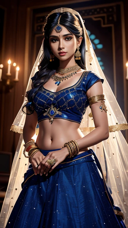 4K,
 Ultra-high resolution,
 masterpiece,
 1 girl,
 Nice face,
 Fine grain,
 Detailed lips,
 Very long hair,
 Straight hair,
 Very long hair,
 Beautiful Hair,
 hair Decorations,
 hair band,
 Gradient Hair,
 ((Indigo Lehenga)),
 ((Bridal Lehenga)),
 ((Decorative blouse)),
 sardine,
 ((Lehenga Jewelry)),
 ((Transparent indigo lace)),
 ((Diamond Bracelets)),
 ((meanwhile)),
 Decorations,
 necklace,
 Earrings,
 high intensity lighting,
 ((naked)),
 Wedding Stage,
 Fujicolor,
 Depth of written boundary,
 Ray Tracing,
 Ultra-Realistic Details,
 Masterpiece,
 Full Body Shot