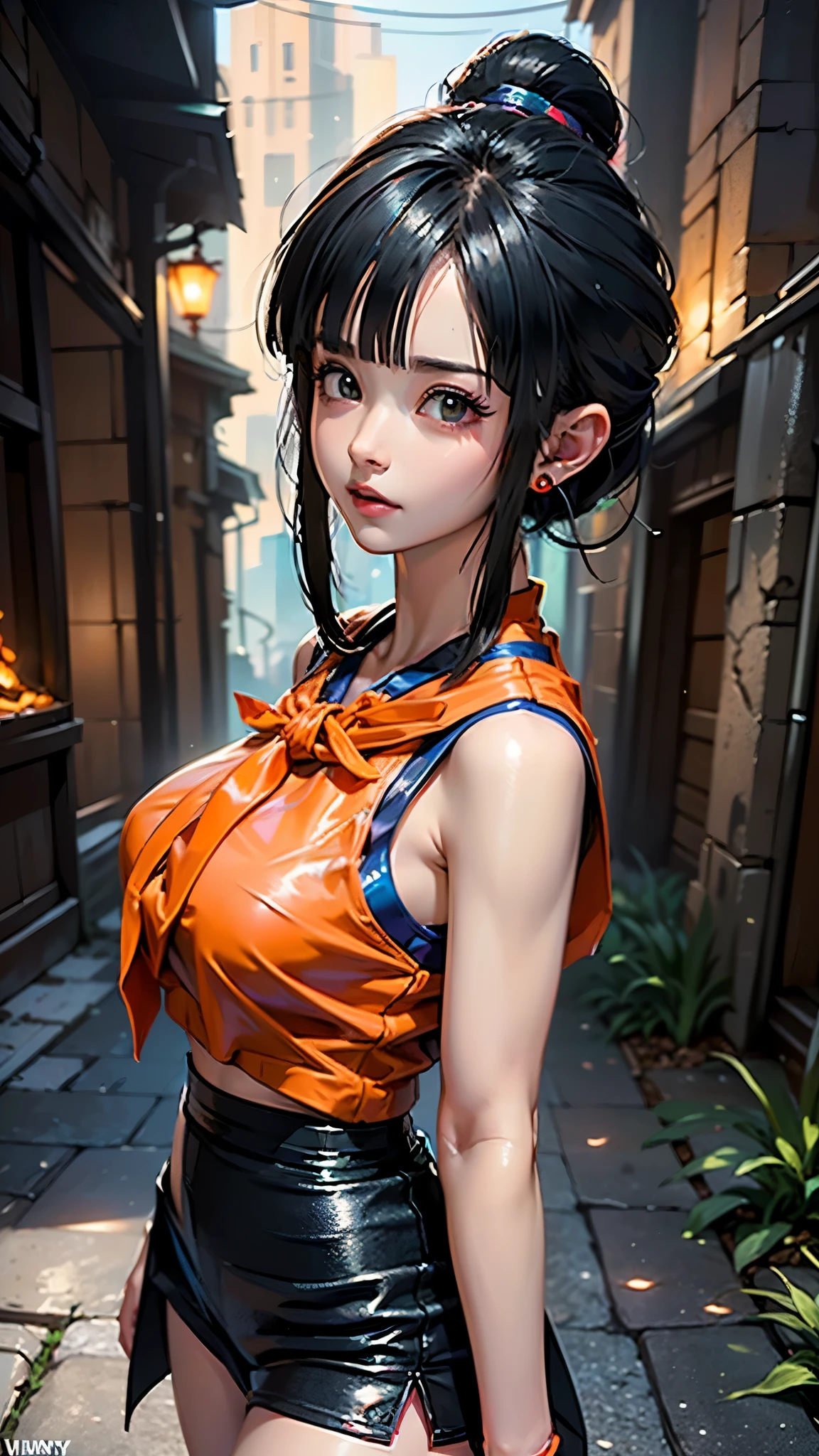 (ultra realistic,32k,RAW photo:1.1),(high detailed skin:1.1), 8k uhd, dslr, high quality, film grain, (makeup, mascara:1.1),(Videl dragon ball :1.4), lips,(thick\lips\), ,(Cyberpunk ruined dungeon ruins alley background :1.4 ), (miniskirt orange:1.4), (medias blancas brillantes/pantys:1.4),
(shiny glossy translucent clothing:1.4 ), dragon ball, bbchichi, single hair bun, hair bun, (blunt bangs:1.4) , sidelocks, black eyes, earrings,( orange neckerchief:1.4) , orange scarf, purple dress, sleeveless, bracelet, huge breast, 
(looking at viewer, portrait:1.1),, 
 (busty:1.1) ,  (chubby:0.1),(soft shaded neon light:1.1),dark theme, A very clean and well organized contemporary place, (dynamic cowboy pose), (perfect anatomy :1.4), (Videl dragon ball V2.1), ,( ciberpunk 2.1)