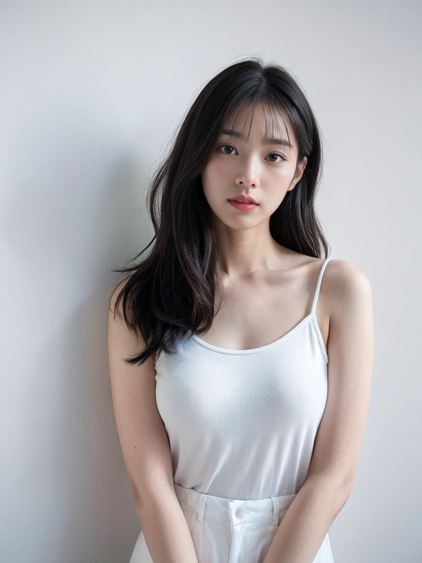 See-through tops、Big Breasts、camisole、(White wall as background、Some of her hair is sky blue:1.4)、White wall、Taken in front of a white door、(A room with a white wall and a window)、((highest quality、8k、masterpiece:1.3))、Ultra-high resolution、(photoGenuineistic:1.4)、RAW Photos、Japanese,(Detailed aspect)、Genuine、Photographed in natural light、Highly detailed face and skin texture、Highly detailed lips、The correct state of the human body、Medium Hair、Black Hair、Various poses、Natural color lip