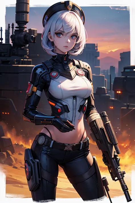 there is a woman holding a gun in front of a spaceship, ruined empire in the background, arte oficial do personagem, eternal doo...