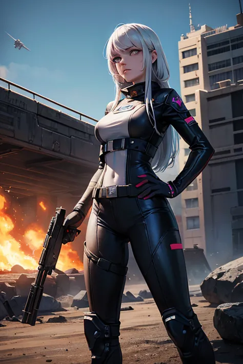 there is a woman holding a gun in front of a spaceship, ruined empire in the background, arte oficial do personagem, eternal doo...