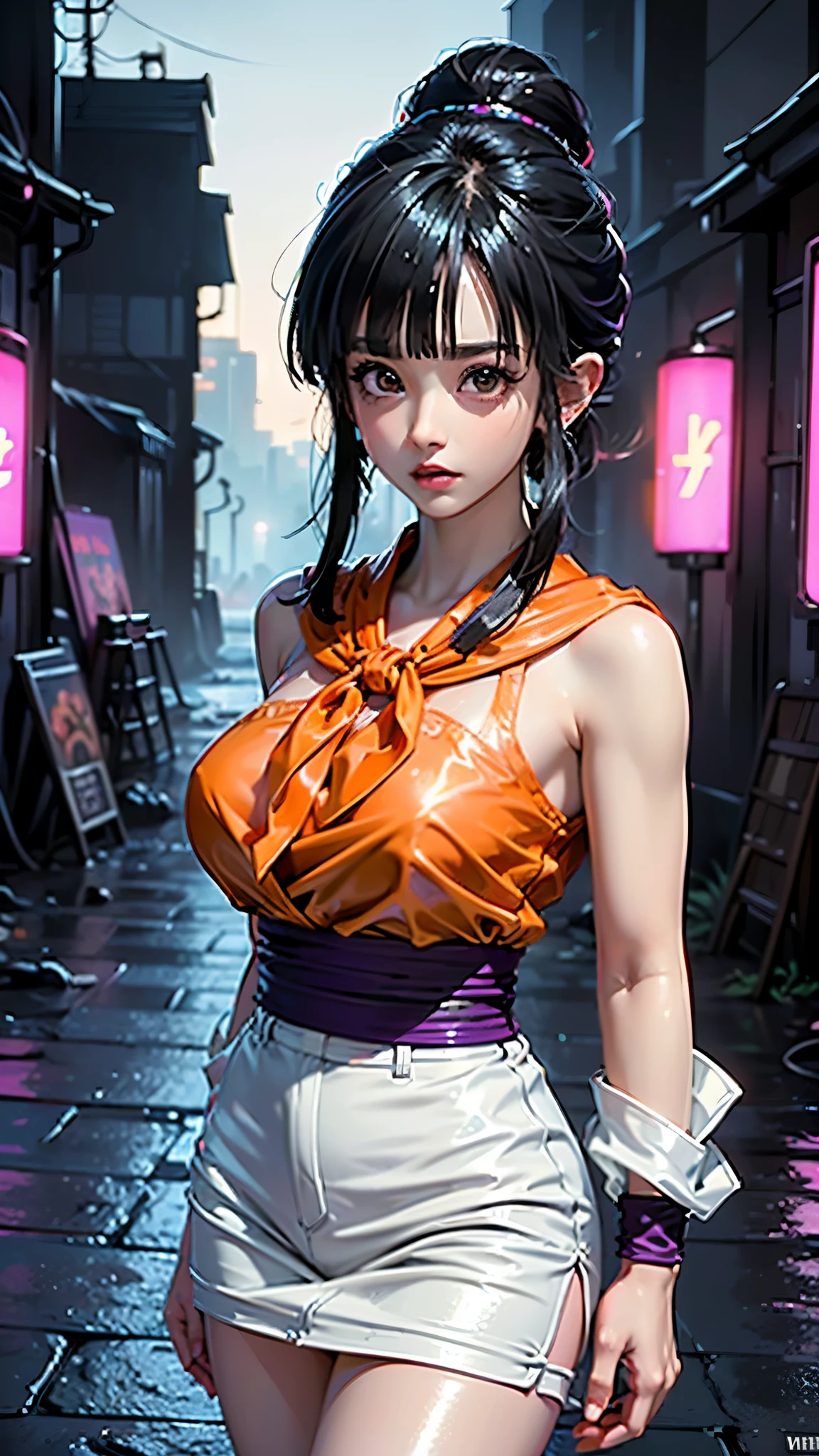 (ultra realistic,32k,RAW photo:1.1),(high detailed skin:1.1), 8k uhd, dslr, high quality, film grain, (makeup, mascara:1.1),(Videl dragon ball :1.4), lips,(thick\lips\), ,(Cyberpunk ruined dungeon ruins alley background :1.4 ), (miniskirt white :1.4), (medias blancas brillantes/pantys:1.4),(japanese white kimono :1.4), 
(shiny glossy translucent clothing:1.4 ), dragon ball, bbchichi, single hair bun, hair bun, (blunt bangs:1.4) , sidelocks, black eyes, earrings,( orange neckerchief:1.4) , orange scarf, purple dress, sleeveless, bracelet, huge breast, 
(looking at viewer, portrait:1.1),, 
 (busty:1.1) ,  (chubby:0.1),(soft shaded neon light:1.1),dark theme, A very clean and well organized contemporary place, (dynamic cowboy pose), (perfect anatomy :1.4), (Videl dragon ball V2.1), ,( ciberpunk 2.1)