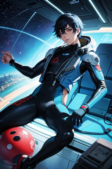 Anime guy sitting on the floor looking at the planet, vaqueiro espacial, cyber vaqueiro espacial, inspired by Josan González, Ma...