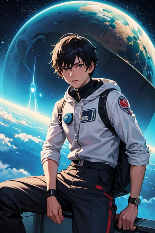 Anime guy sitting on the floor looking at the planet, space cowboy, cyber space cowboy, inspired by Josan González, Makoto Shinkai ( apex legends ), akira art style, Style Ross Tran, akira vibes, akira art style, floating alongside the planets, Josan Gonzalez, sci - fi art!!!!!!!, Josan Gonzalez!!!, in space, modern sci-fi anime  