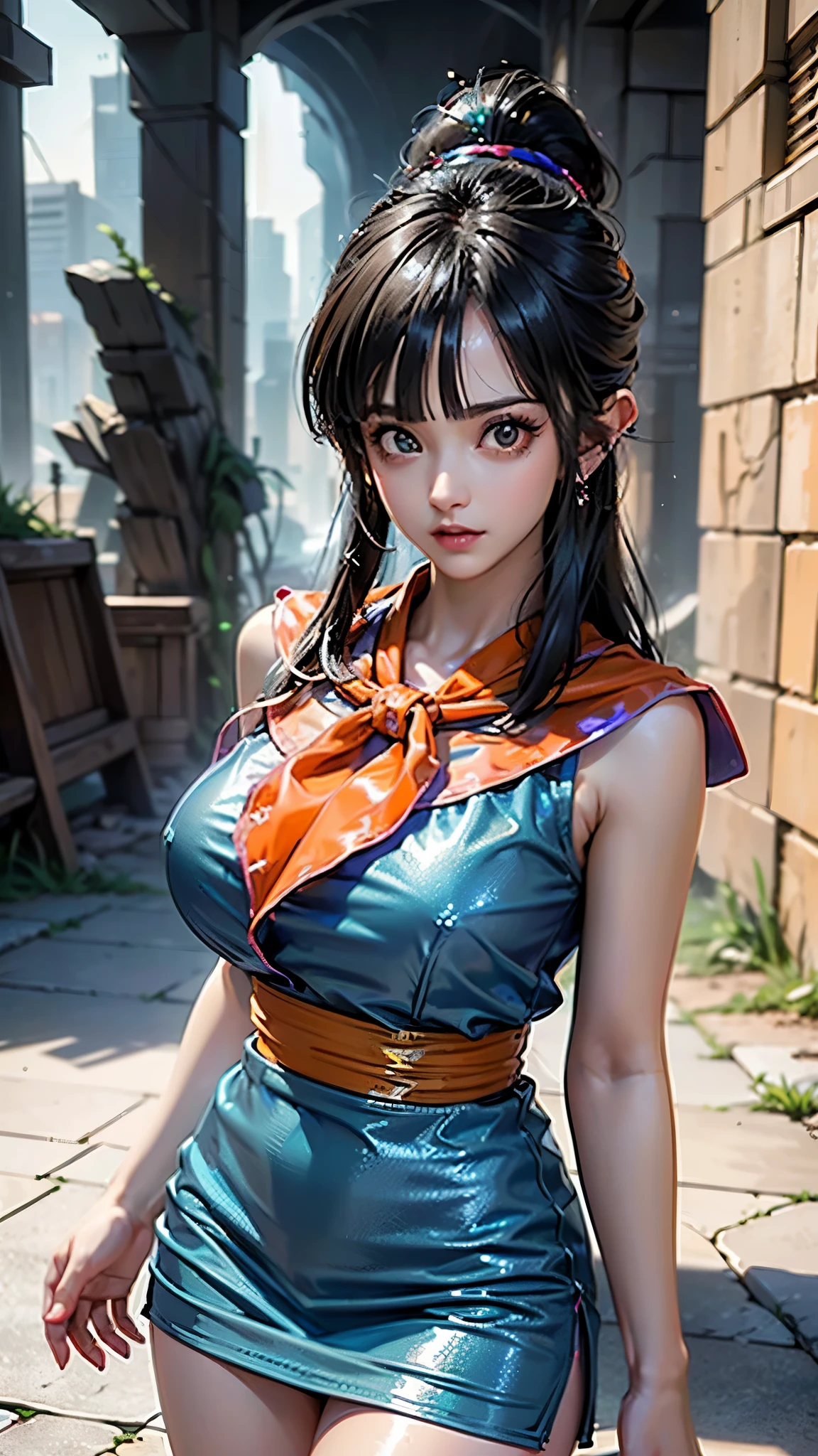 (ultra realistic,32k,RAW photo:1.1),(high detailed skin:1.1), 8k uhd, dslr, high quality, film grain, (makeup, mascara:1.1),(Videl dragon ball :1.4), lips,(thick\lips\), ,(Cyberpunk ruined dungeon ruins alley background :1.4 ), (miniskirt white :1.4), (medias blancas brillantes/pantys:1.4),(japanese white kimono :1.4), 
(shiny glossy translucent clothing:1.4 ), dragon ball, bbchichi, single hair bun, hair bun, (blunt bangs:1.4) , sidelocks, black eyes, earrings,( orange neckerchief:1.4) , orange scarf, purple dress, sleeveless, bracelet, huge breast, 
(looking at viewer, portrait:1.1),, 
 (busty:1.1) ,  (chubby:0.1),(soft shaded neon light:1.1),dark theme, A very clean and well organized contemporary place, (dynamic cowboy pose), (perfect anatomy :1.4), (Videl dragon ball V2.1), ,( ciberpunk 2.1),( face detailed:1.4) 