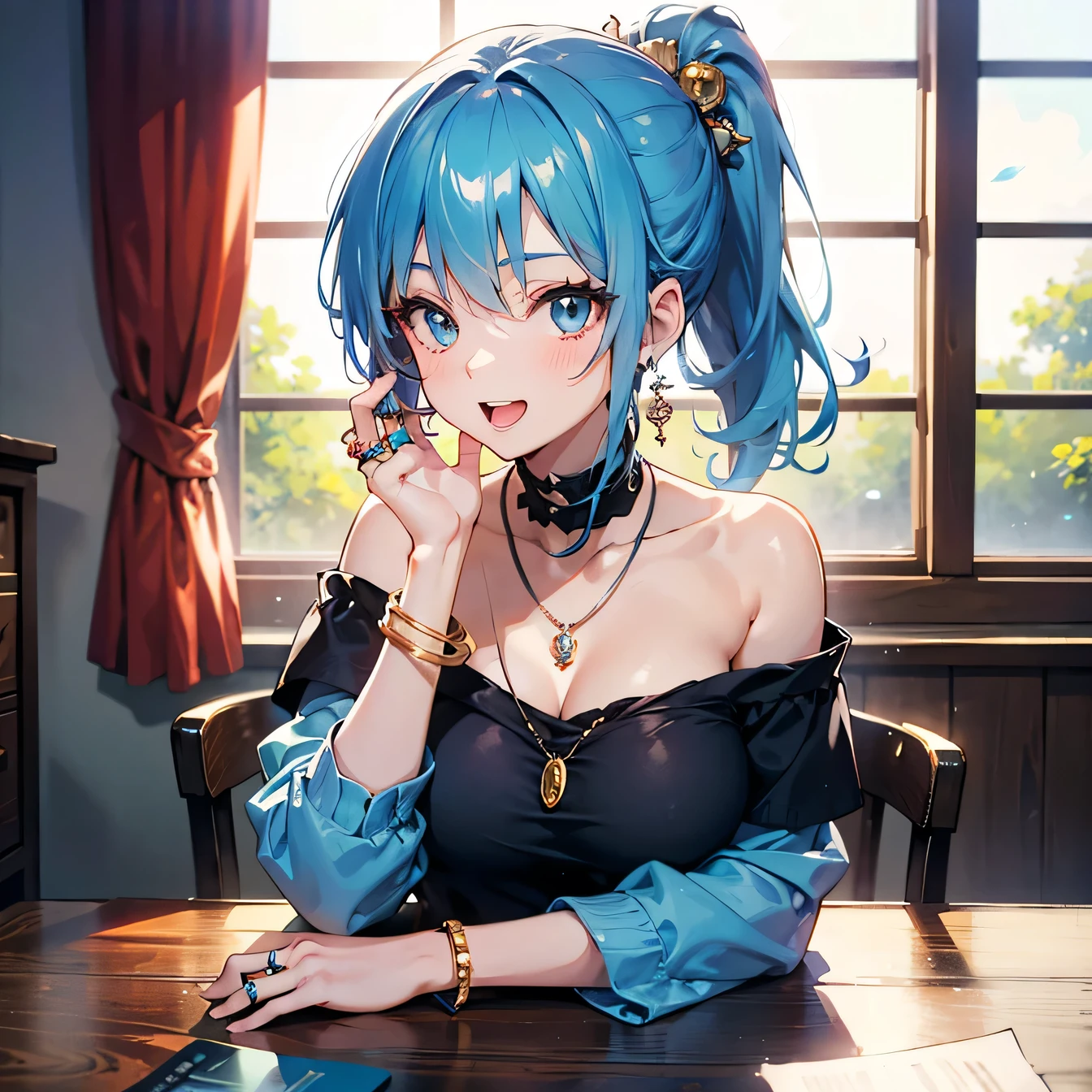 Anime Moe Art Style,highest quality,High resolution,Anatomically correct,One Girl,Mid-teens,A girl with light blue hair in a ponytail,Super detailed,Fantasy World,Off-the-shoulder tops,mini skirt,Big Breasts,A rich expression,Laughing with your mouth open,Resting her breasts on the table,The gesture of tucking hair behind the ear,Eyes drawn in detail,hair ornaments,necklace,bracelet,ring,8K