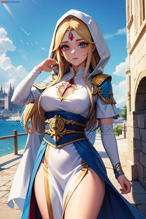 Uma foto de corpo inteiro da Princesa Zelda, cabelo castanho, olhos azuis, vestido como um Assassino de Assassins Creed, Em bran...