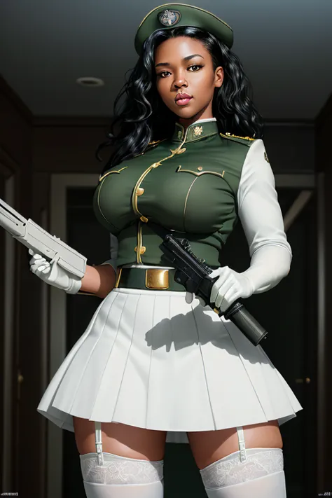 highly detailed woman, 1girl, military uniform, beautiful face, black hair, large breasts, white stockings, short green skirt, h...
