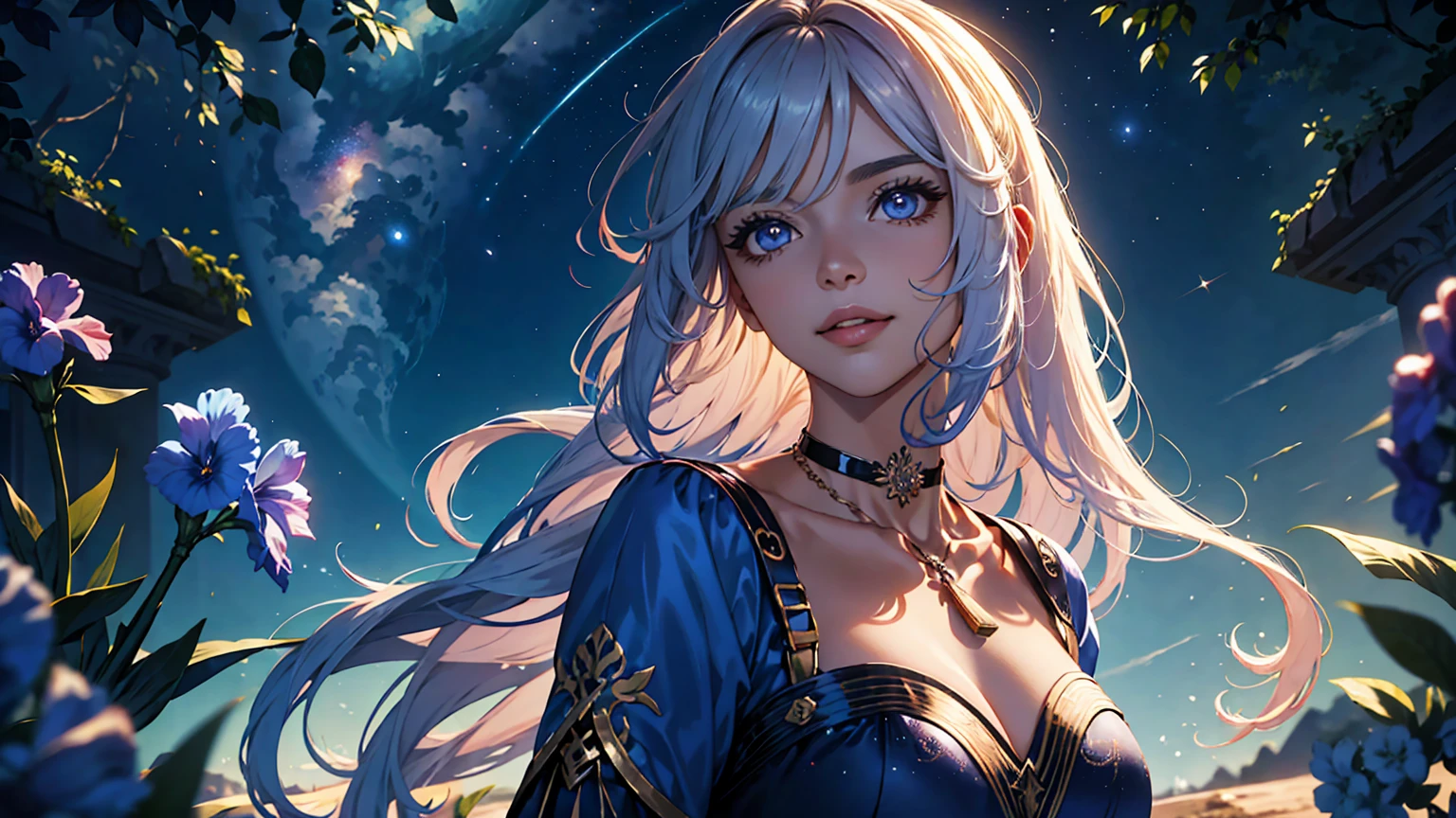 Arte de anime Genshin Impact: Woman in a setting of ancient ruins and a giant tree in the background and starry sky, filled with distant galaxies and sparkling celestial bodies, evocando outro mundo. Romantic Era. Deep and dramatic atmosphere, mesclando fantasia e realidade. She is adorned with necklace and choker. clear and sharp eyes: irises with vibrant and detailed colors, pupilas bem definidas, brilho natural refletindo a luz, clear and distinct iris edges, long, well-shaped eyelashes, sobrancelhas bem cuidadas, linhas finas ao redor dos olhos. flowing hair. Olhar meigo e provocante, sorriso encantador. playful expression, maquiagem estilosa, longos cabelos loiros fluindo ao vento, olhos sedutores, Glossy lips, pose sexy, sorrindo de forma confiante e sedutora. Postura ousada e determinada, dynamic pose, encarando diretamente o espectador. posing for a professional photo shoot. very high quality image, com detalhes ultra-detalhados e realistas. Vibrant colors and ethereal lighting. Paisagens imaginativas, horizonte expansivo, dramatic lighting. Cores brilhantes e vibrantes, studio lighting, profundidade de campo rasa, destacando o assunto principal, soft natural lighting, Creating a dreamlike and magical atmosphere. 