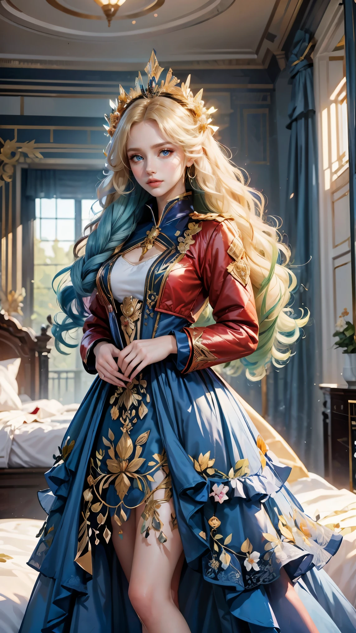 Best quality, masterpiece, ultra high res, raw photo, beautiful and aesthetic, deep shadow, fairy theme,(ultra detailed:1.3),
1girl, dynamic pose, flower headdress, drill hair, long hair, blonde hair, gradient hair, yellow eyes, solo, huge breasts, big hair, blue hair, divine goddess, looking at viewer, indoors, queen bedroom, empress bed, room full of curtain, astraea, full body, red dress, puffy jacket, uniform dress,