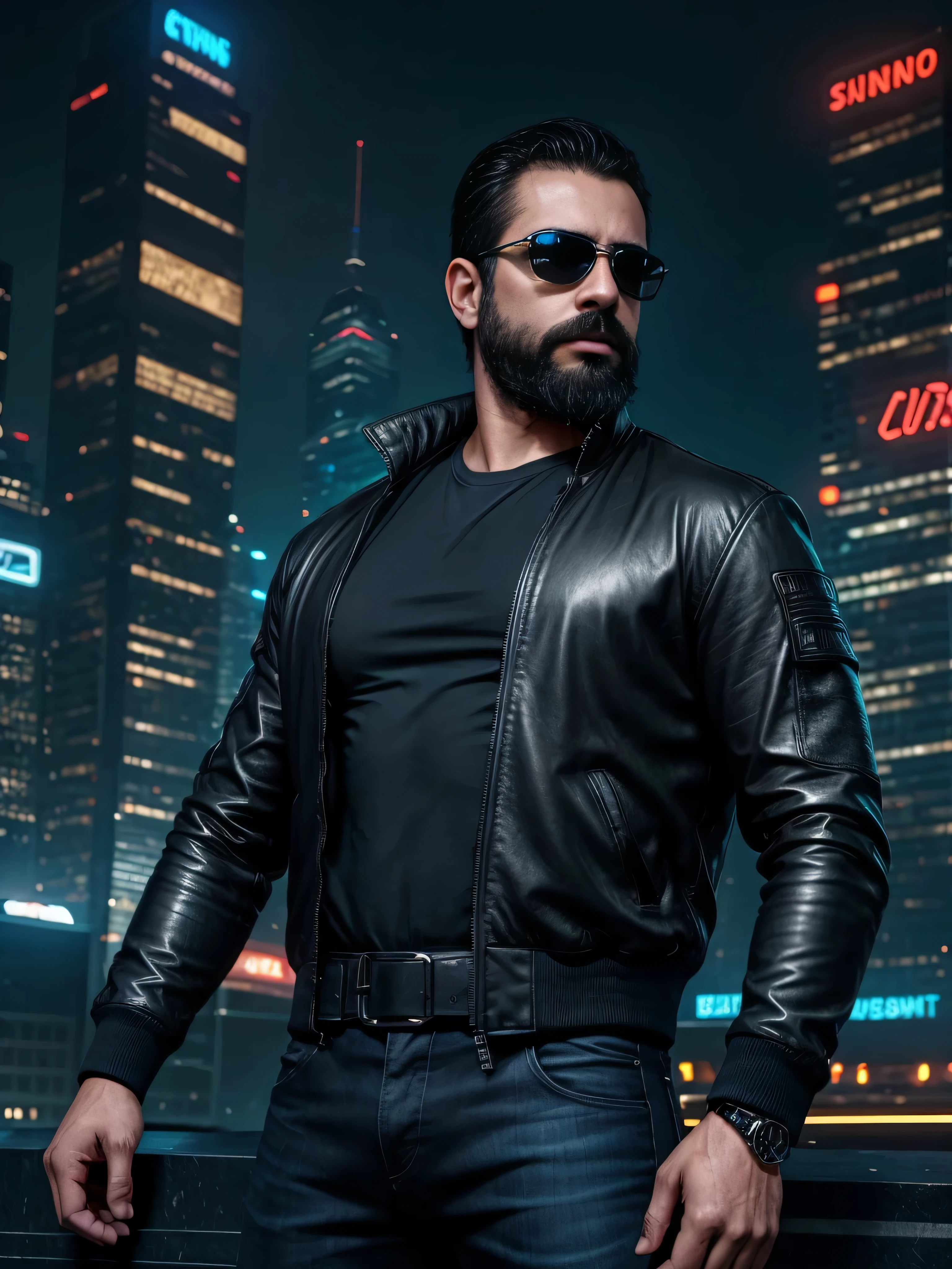 "A highly detailed and ultra-realistic digital art portrait of a very masculine 38-year-old man with a beard and wearing dark sunglasses. He is depicted from the waist up, standing confidently in a futuristic cyberpunk cityscape. The background is filled with neon lights, towering skyscrapers with holographic advertisements, and flying cars. The man is wearing a stylish black leather jacket with glowing blue accents and a high-tech wristwatch. His expression is serious and determined, and the lighting highlights the textures of his clothing and the reflections on his sunglasses.