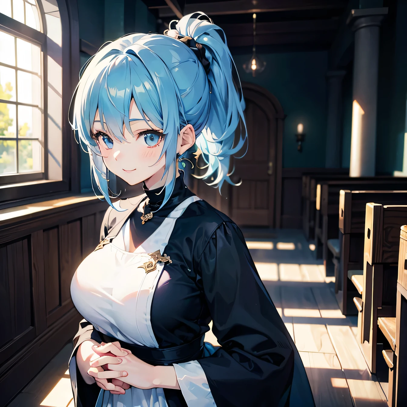 Anime Moe Art Style,highest quality,High resolution,Anatomically correct,One Girl,Mid-teens,A girl with light blue hair in a ponytail,Super detailed,Fantasy World,Sister,Monastic Clothes,Big Breasts,A rich expression,smile,Rubbing his hands together,Chapel,Eyes drawn in detail,8K