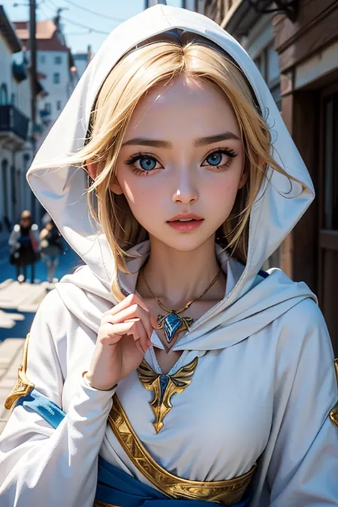 Uma foto de corpo inteiro da Princesa Zelda, cabelo castanho, olhos azuis, vestido como um Assassino de Assassins Creed, Em bran...