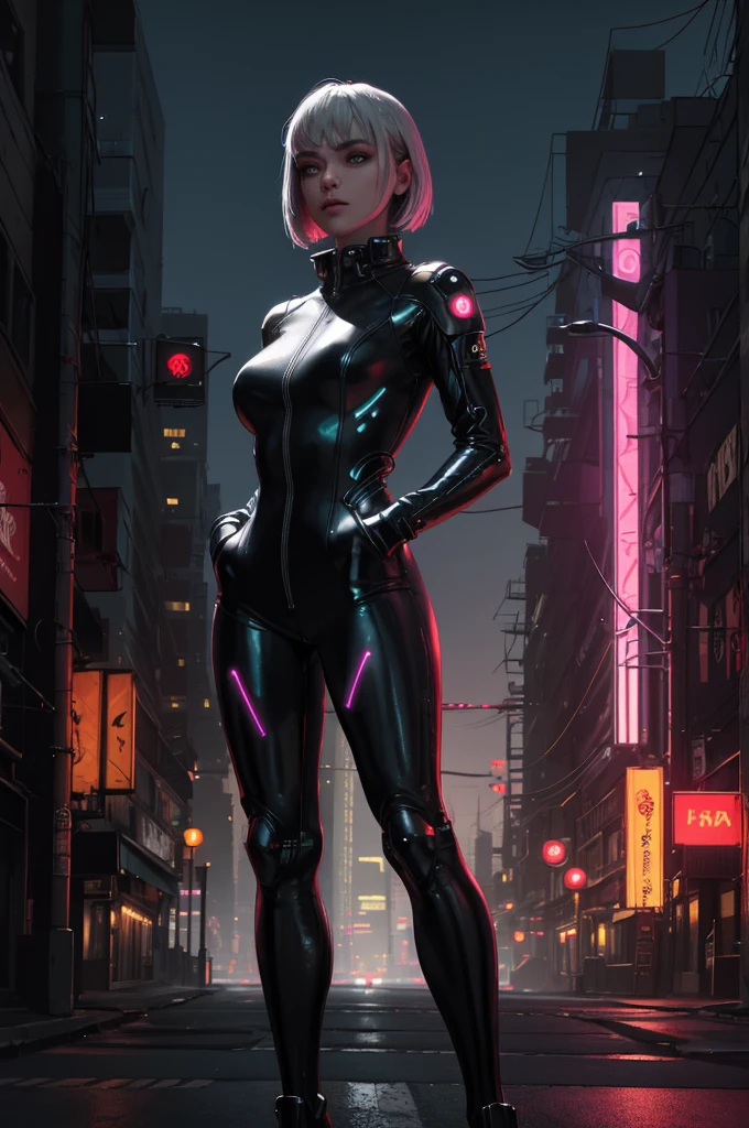 A person wearing a sleek silver jumpsuit embedded with light-up circuitry, standing confidently with her hands on her hips in front of a cyberpunk cityscape, neon signs flickering, holograms floating by, dusk sky overhead, urban and high-tech, digital painting, ultra clear, 8k, cinematic.
