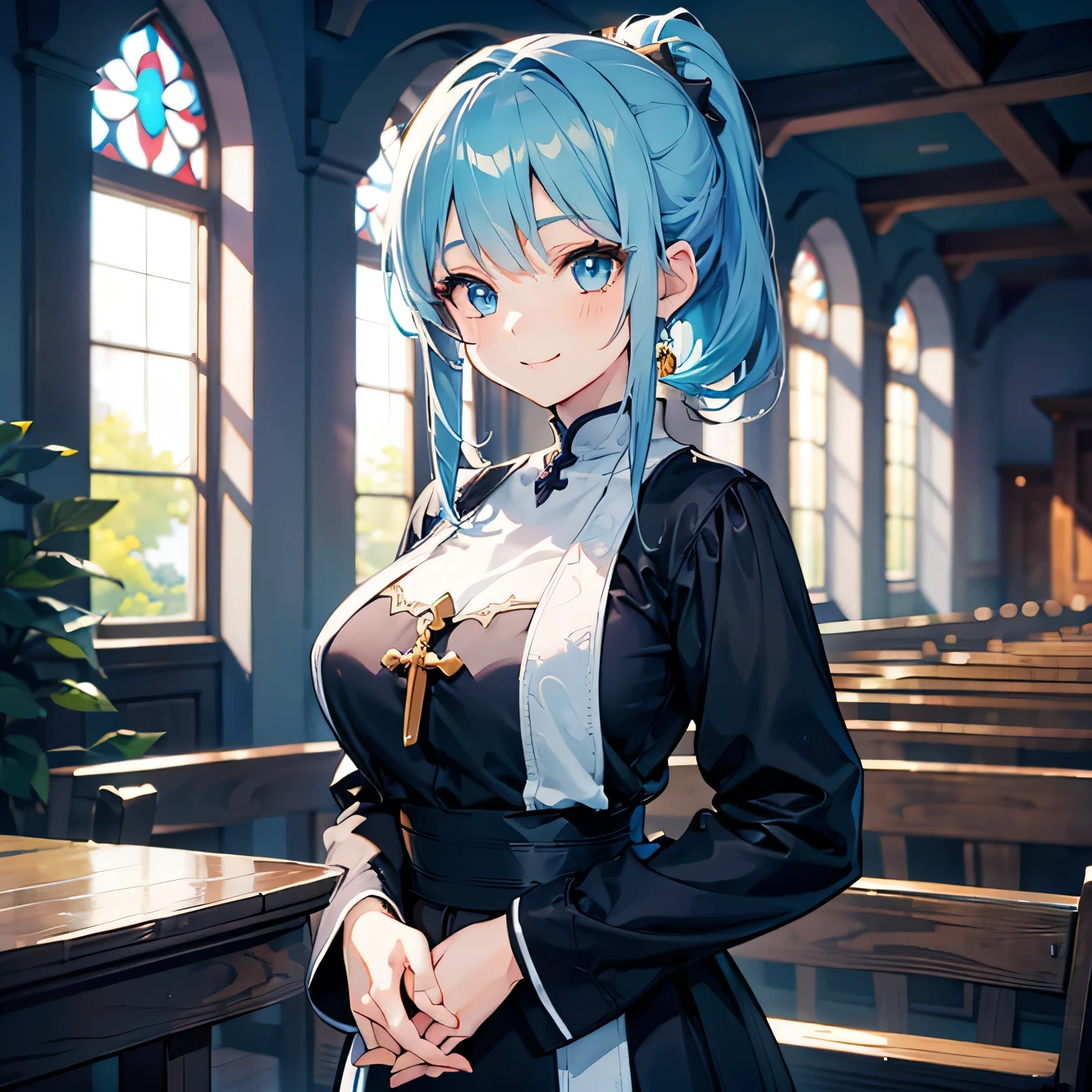 Anime Moe Art Style,highest quality,High resolution,Anatomically correct,One Girl,Mid-teens,A girl with light blue hair in a ponytail,Super detailed,Fantasy World,Sister clothes,Monastic Clothes,Big Breasts,A rich expression,smile,Rubbing his hands together,Chapel,Eyes drawn in detail,8K