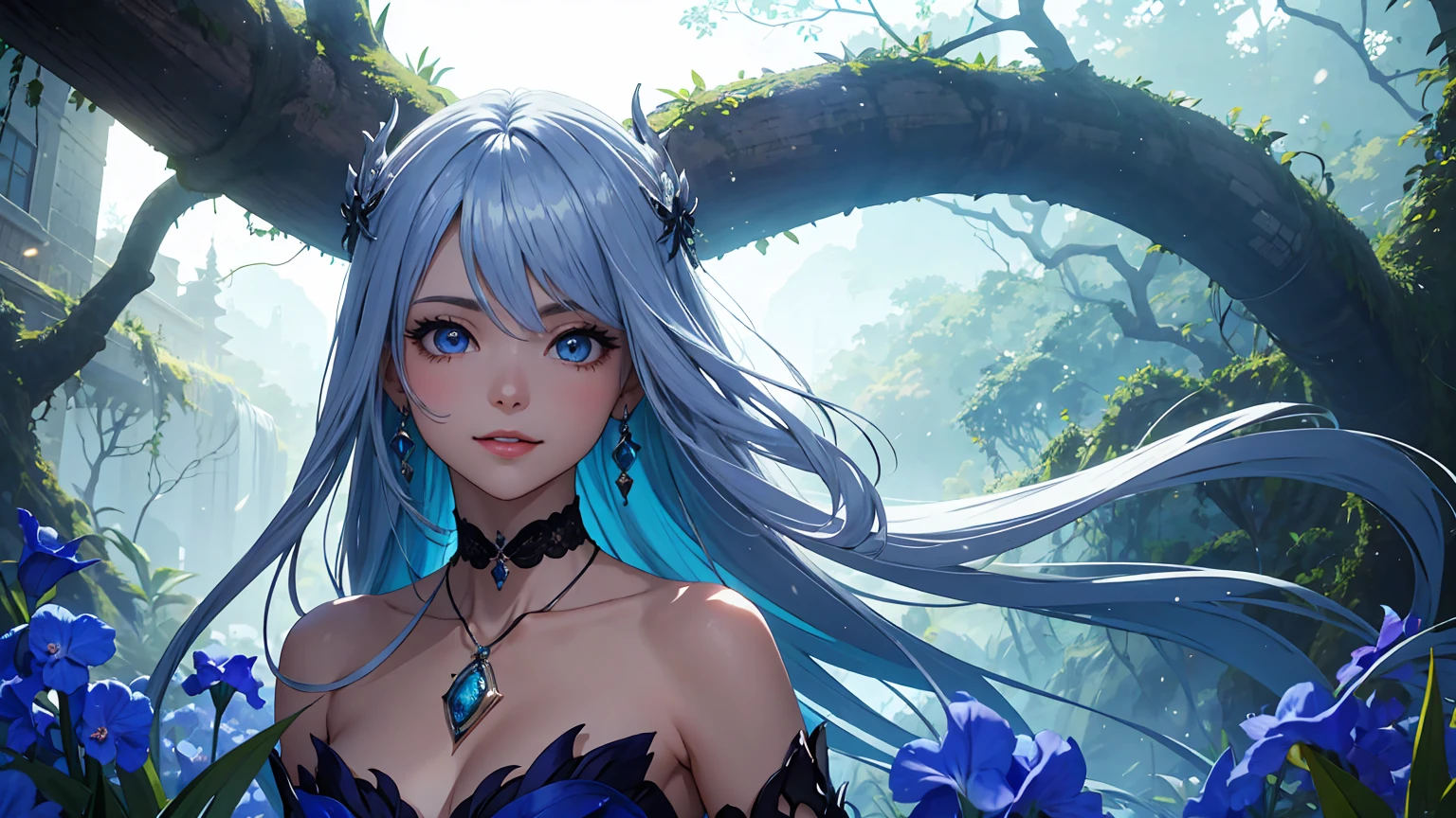 Arte de anime Genshin Impact: Woman in a setting with a giant tree in the background and starry sky, full of sparkling celestial bodies, evoking another world. romantic era. Deep and dramatic atmosphere, mixing fantasy and reality. She is adorned with necklace and choker. clear and sharp eyes: irises with vibrant and detailed colors, well-defined pupils, natural shine reflecting light, clear and distinct iris edges, long, well-shaped eyelashes, well-groomed eyebrows, fine lines around the eyes. flowing hair. Sweet and provocative look, charmer smile. playful expression, stylish make up, long blonde hair flowing in the wind, Eyes seductive, Glossy lips, pose sexy, smiling confidently and seductively. Bold and determined stance, dynamic pose, directly facing the viewer. posing for a professional photo shoot. very high quality image, with ultra-detailed and realistic details. Vibrant colors and ethereal lighting. imaginative landscapes, expansive horizon, dramatic lighting. bright and vibrant colors, studio lighting, shallow depth of field, highlighting the main topic, soft natural lighting, Creating a dreamlike and magical atmosphere. Nature beauty.