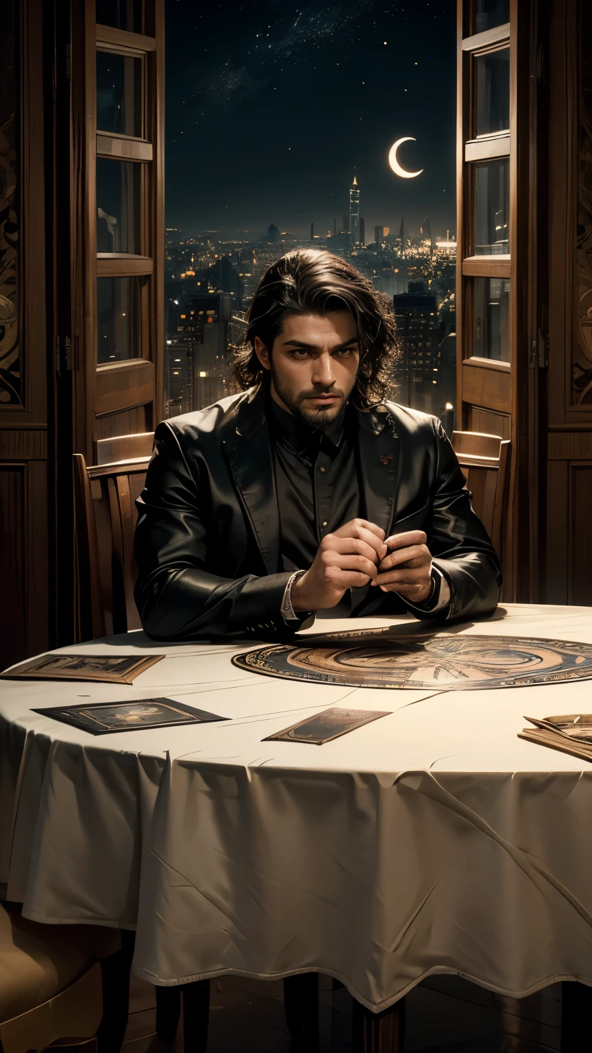 best quality, masterpiece, 8K, HD, masculine, male, extremely beautful 35 year-old persian man, wavy dark hair, serious expression, sitting behind a round table, luxurious astrology print tablecloth, (tarot cards on the table), metropolitan city in the background, (crescent moon), see through curtain behind him, (front view), acrossTableConcept, vibrant colors, highly detailed, perfection, mysterious atmosphere