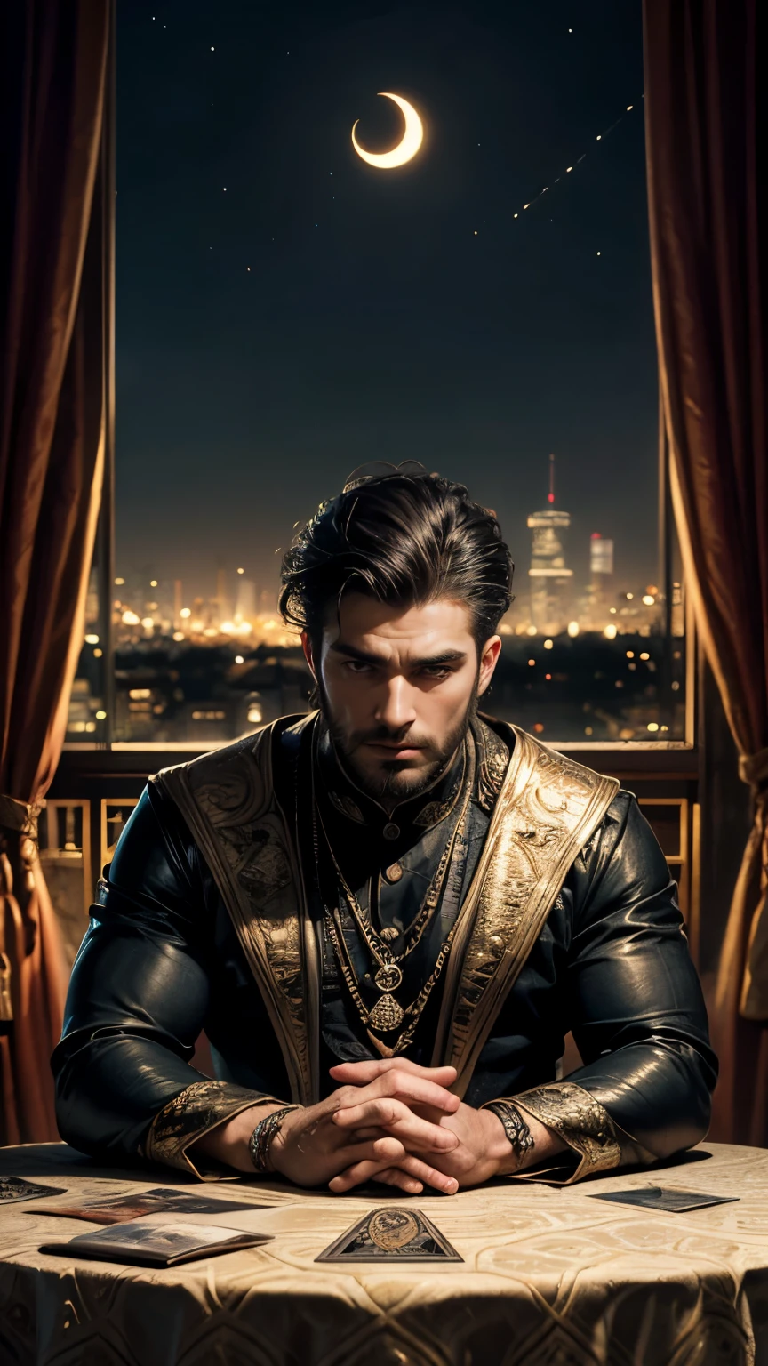 best quality, masterpiece, 8K, HD, masculine, male, extremely handsome 35 year-old persian man, wavy dark hair, serious expression, sitting behind a round table, luxurious astrology print tablecloth, (tarot cards on the table), metropolitan city in the background, (crescent moon), see through curtain behind him, (front view), sitac, vibrant colors, highly detailed, perfection, mysterious atmosphere