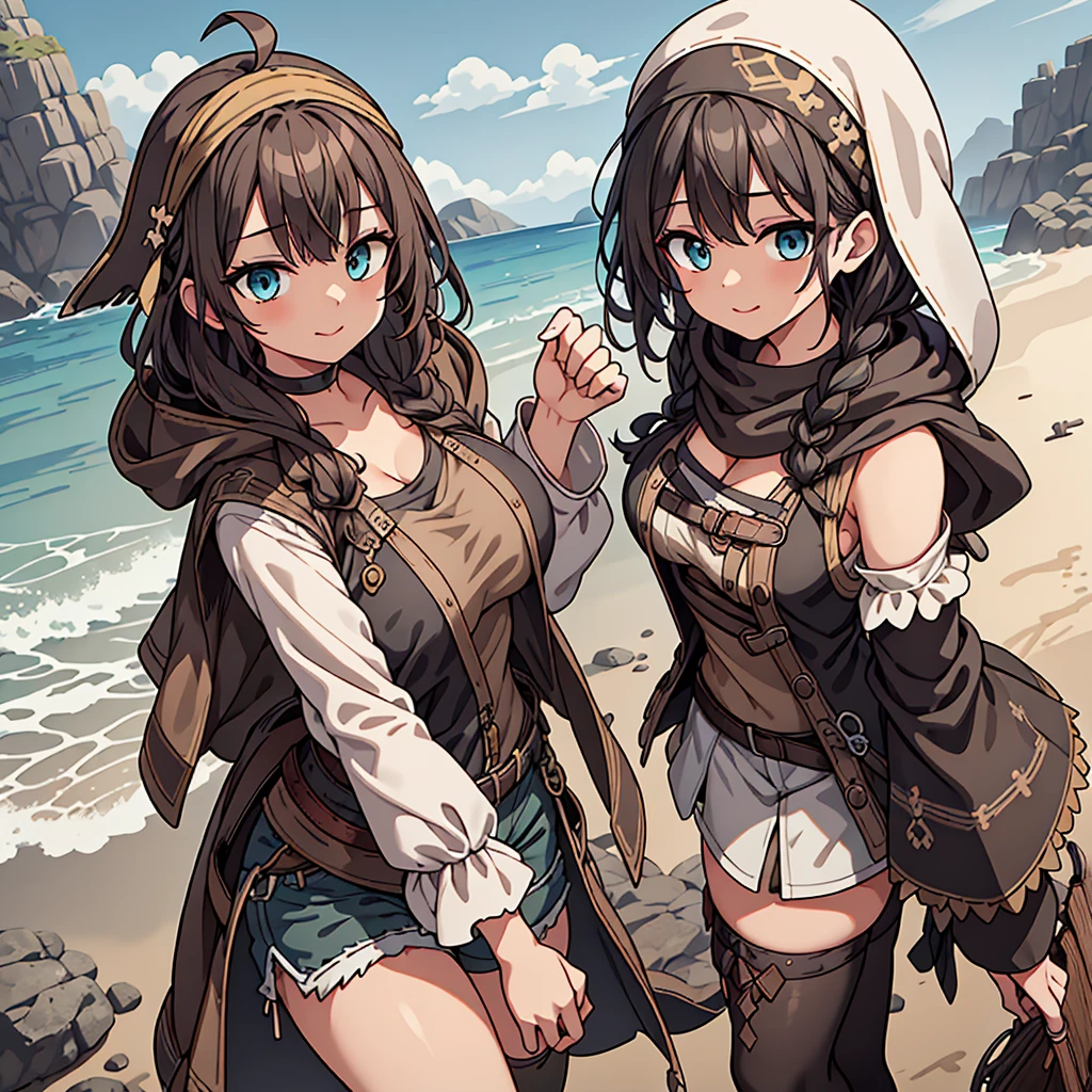 masterpiece, One girl, Sparrow, Black Hair Girl, Wearing white medieval pirate clothing, Curly medium hair, Messy Hair, The body is slim, Wearing a brown capelet and hood, He closed her left eye., Shirt decoration, Aqua Eye, Show her your back, Ahoge, Black vest, Baby Face, Large Breasts, Beautiful breasts, Round Breasts, Braid, Pirate Bandana, Long sleeve, Beautiful Eyes, White Stockings, Droopy eyes, Shorts, Her age is 19 years old, Captivating smile, Beach, Brown Skin