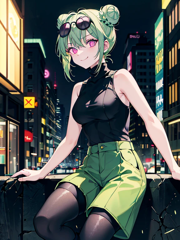 (highres), (detailed),1 girl, alone, medium hair, pastel green hair, twin buns, evil smile, glowing eyes, violet eyes, round black sunglasses on head, black sleeveless turtleneck top, green shorts, dark brown boots, night, dark, buildings background