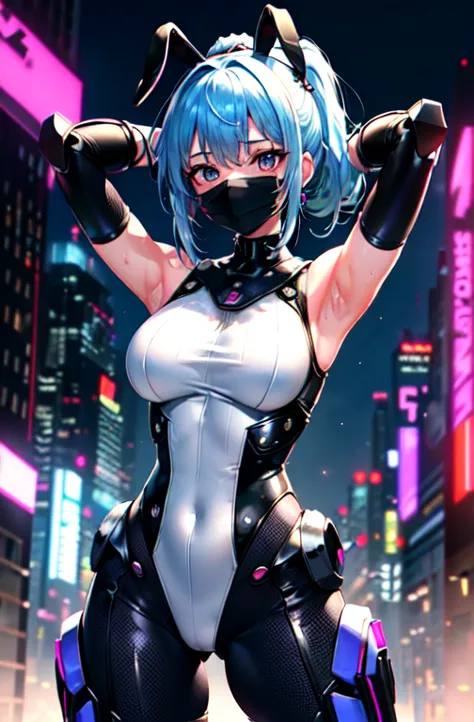 Super beautiful girl, (masterpieceの目:1.3), (Sleeveless Exoskeleton Bodysuit:1.3), Sweaty skin, (Blue Hair, ponytail), (Exposed a...