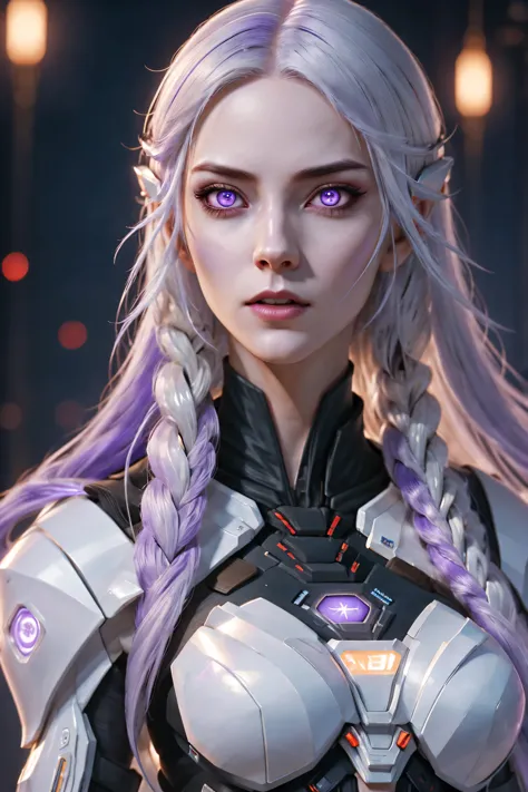 a cyberpunk cyborg girl, a cyberpunk cyborg girl, two cyborg girls standing side by side, yinji, purple hair, purple eyes, long ...