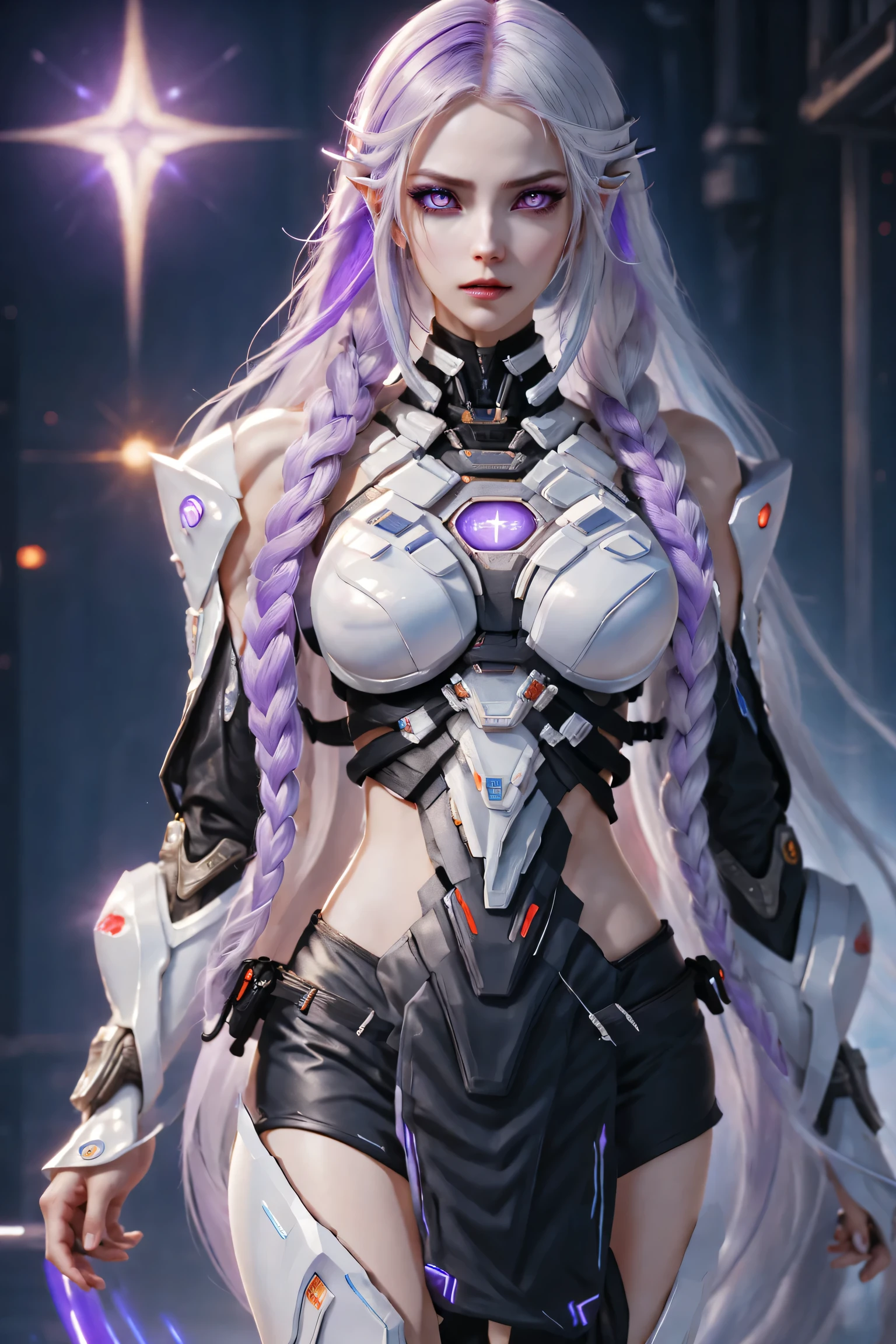 a cyberpunk cyborg girl, a cyberpunk cyborg girl, two cyborg girls standing side by side, yinji, purple hair, purple eyes, long hair, white hair, double braids, gradient hair, highly detailed, intricate machinery, glossy metal skin, glowing blue lights, complex circuitry, futuristic technology, edge light, dramatic lighting, beautiful starry background, octane rendering, cool, personality, brave, realistic 3D render, cinematic composition, award winning digital art, best quality, masterpiece, illustrations, very exquisite and beautiful, very detailed, CG, unity, wallpaper, stunning, exquisite details