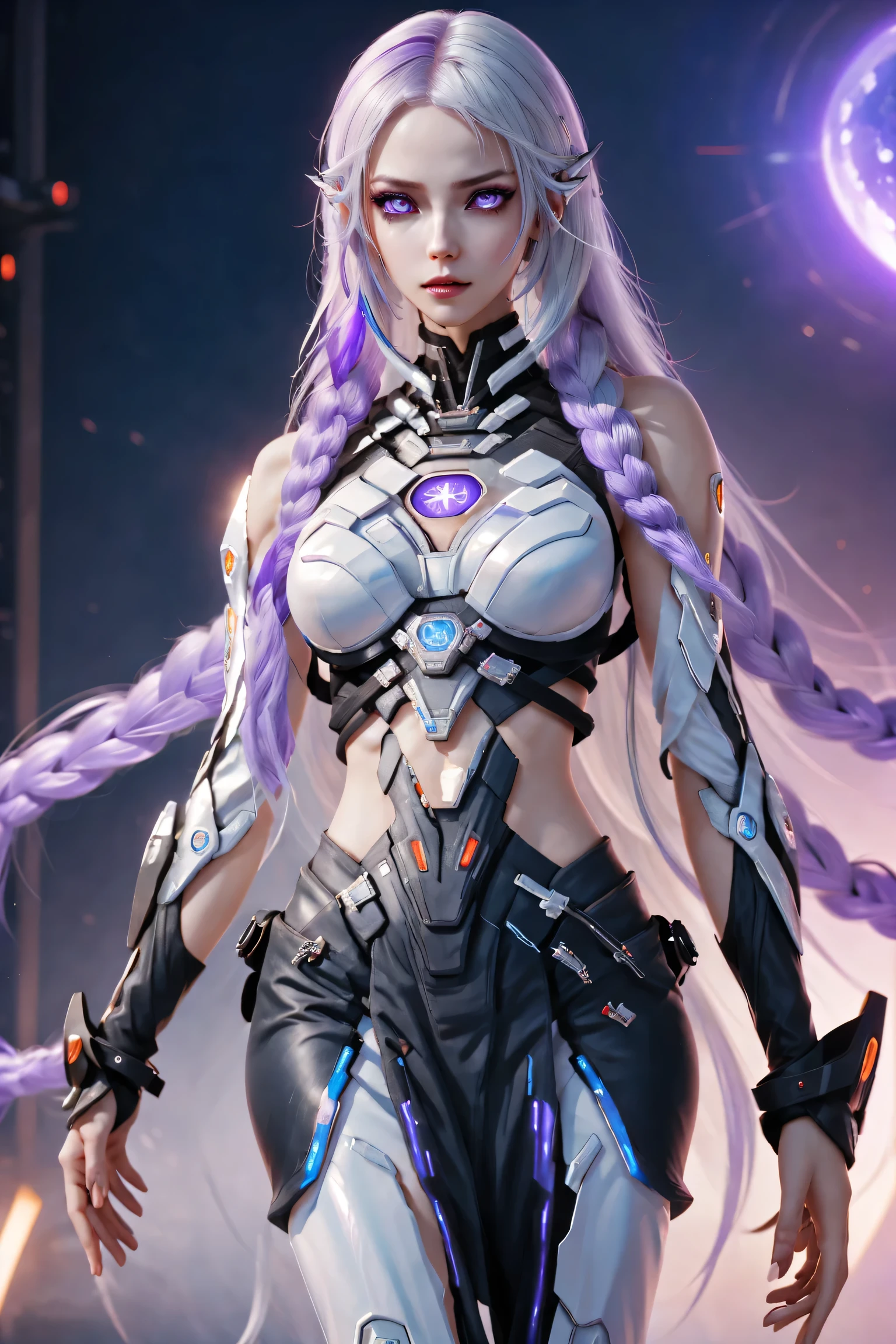 a cyberpunk cyborg girl, a cyberpunk cyborg girl, two cyborg girls standing side by side, yinji, purple hair, purple eyes, long hair, white hair, double braids, gradient hair, highly detailed, intricate machinery, glossy metal skin, glowing blue lights, complex circuitry, futuristic technology, edge light, dramatic lighting, beautiful starry background, octane rendering, cool, personality, brave, realistic 3D render, cinematic composition, award winning digital art, best quality, masterpiece, illustrations, very exquisite and beautiful, very detailed, CG, unity, wallpaper, stunning, exquisite details