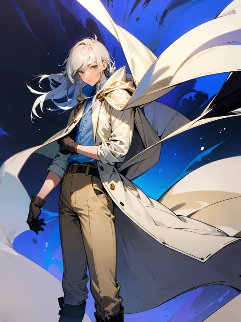 man in his 20s with gray longhair, gray eyes. wearing a white hooded cape, dressed in a blue button shirt, beige pants and glove...