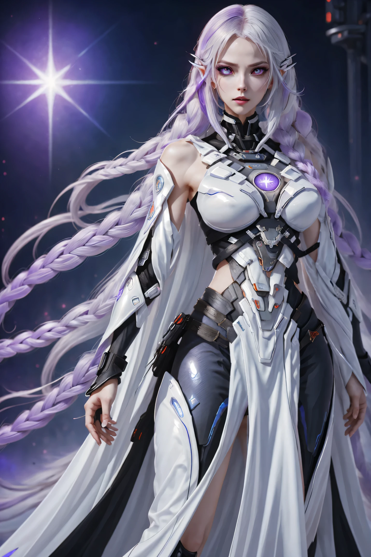 two cyborg girls standing side by side, yinji, purple hair, purple eyes, long hair, white hair, double braids, gradient hair, highly detailed, intricate machinery, glossy metal skin, glowing blue lights, complex circuitry, futuristic technology, edge light, dramatic lighting, beautiful starry background, octane rendering, cool, personality, brave, realistic 3D render, cinematic composition, award winning digital art, best quality, masterpiece, illustrations, very exquisite and beautiful, very detailed, CG, unity, wallpaper, stunning, exquisite details