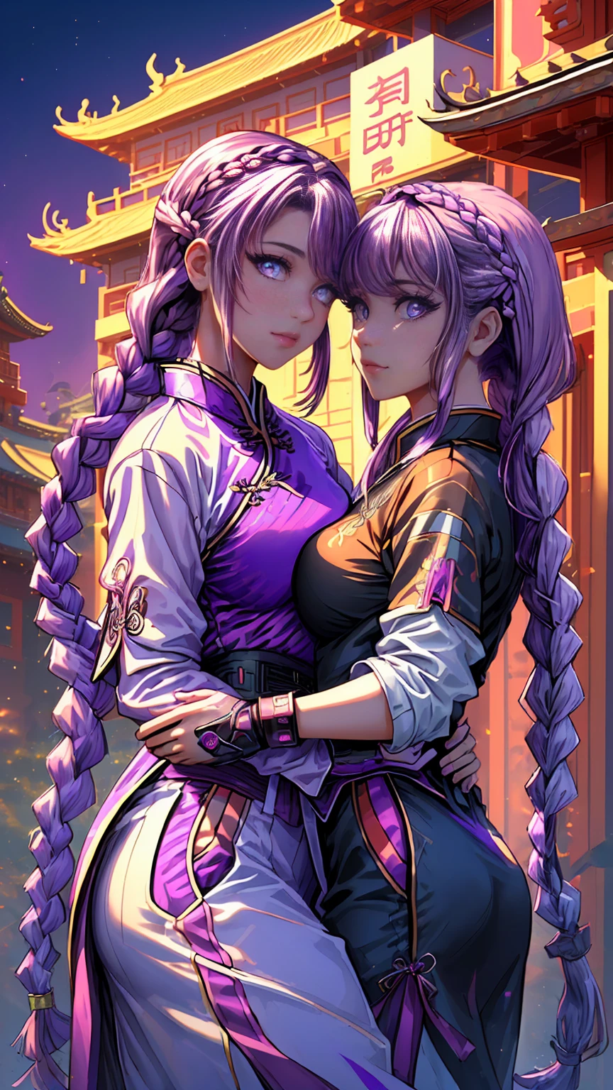 (athletic body:1.3) , Beautiful, Detailed portrait, official art , medium breast ,wallapaper ,ART DIGITAL , HDR , 8K , vivid colours , medium brest ,(masterpiece:1.2) , purple eyes , adult teenager with(Purple White Gradient Long Hair white ponytail braided hair:1.4), (wearing a purple red futuristic style outfit), with white evening gloves, white long pants and purple futuristic skirt, in the beautiful new year chinese sky:1.2, with her , high quality , high details , at a night , Chinese festival in the garden of a beautiful traditional Chinese temple , lake backgroud ,beautiful detailed face , expressions ,style cyberpunk , high details , scam ,(( twins womans leaning dance and happily)) , (beautiful Chinese festival dragon in the background:1.2)